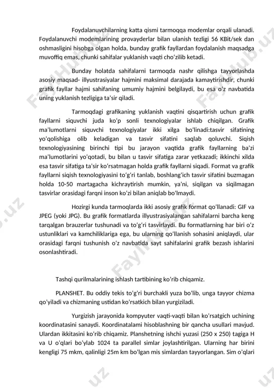 katta o‘lchamga ega bo‘ladi. masalan, bmp, tiff yoki pcx formatlaridagi grafik fayllar samarasiz kodlanadi va tasvirni to‘g‘ri etkazishga kerakli o‘lchamdan ham katta o‘lchamga ega bo‘lishi mumkin. foydalanuvchilarning katta qismi tarmoqqa modemlar orqali ulanadi. foydalanuvchi modemlarining provayderlar bilan ulanish tezligi 56 kbit/sek dan oshmasligini hisobga olgan holda, bunday grafik fayllardan foydalanish maqsadga muvoffiq emas, chunki sahifalar yuklanish vaqti cho‘zilib ketadi. bunday holatda sahifalarni tarmoqda nashr qilishga tayyorlashda asosiy maqsad- illyustrasiyalar hajmini maksimal darajada kamaytirishdir, chunki grafik fayllar hajmi sahifaning umumiy hajmini belgilaydi, bu esa o‘z navbatida uning yuklanish tezligiga ta’sir qiladi. tarmoqdagi grafikaning yuklanish vaqtini qisqartirish uchun grafik fayllarni siquvchi juda ko‘p sonli texnologiyalar ishlab chiqilgan. grafik ma’lumotlarni siquvchi texnologiyalar ikki xilga bo‘linadi:tasvir sifatining yo‘qolishiga olib keladigan va tasvir sifatini saqlab qoluvchi. siqish texnologiyasining birinchi tipi bu jarayon vaqtida grafik fayllarning ba’zi ma’lumotlarini yo‘qotadi, bu bilan u tasvir sifatiga zarar yetkazadi; ikkinchi xilda esa tasvir sifatiga ta’sir ko‘rsatmagan holda grafik fayllarni …