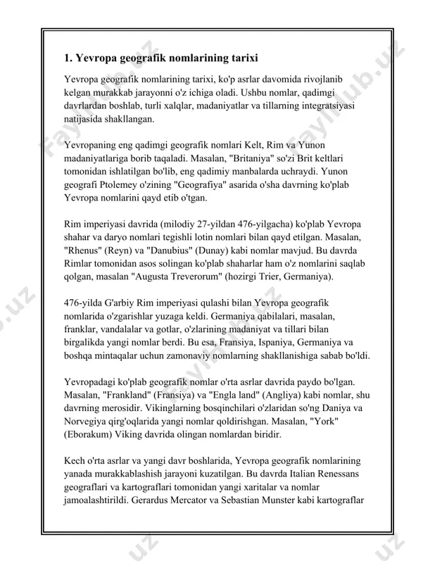 rini tarixiy, geografik va madaniy omillarga ko‘ra olgan. turli tillar aralashuvi va uzoq tarixiy jarayonlar ushbu nomlarni paydo bo‘lishida asosiy rol o‘ynagan. quyidagi ma’lumotlar turli yevropa shaharlarining etimologiyasiga qaraydi va 500 so‘zdan iborat. 1. **london**: london nomi qadimgi rimliklar davrida "londinium" sifatida ma'lum edi. "londinium" nomining kelib chiqishi haqida bir nechta nazariyalar mavjud. eng keng tarqalgan nazariyaga ko‘ra, bu nom "ishtiyoq" yoki "daryo" ma’nosini anglatuvchi kelt tilidan kelib chiqqan deb hisoblanadi. 2. **parij**: parij shahrining nomi qadimgi kelt qabilasi - pariziylardan olingan. rimliklar kelgach, shahar "lutetia" deb nomlangan edi, keyinchalik u "parisius"ga o‘zgartirildi. 3. **berlin**: berlin nomi ilk bor 13-asrda tilga olingan. "berlin" qisqa "ber" so‘zidan kelib chiqqan bo‘lib, slavyan tilida "mo‘ri" yoki "qumloq joy" ma’nosiga ega. 4. **madrid**: madridning kelib chiqishi "magerit" so‘zidan kelib chiqqan, bu esa arabcha "mad-jerit", ya'ni "suv o‘zanidagi joy" deganidir. bu ispan tiliga moslashib "madrid" bo‘lib o‘zgargan. 5. **roma**: roma nomi haqidagi ko‘pgina afsona va …