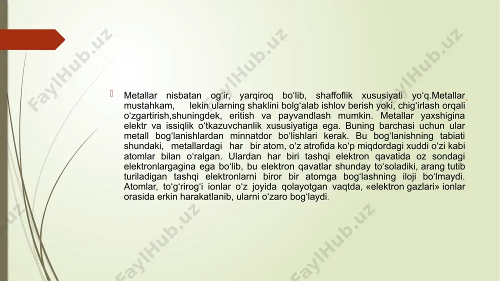 i, kuchsiz kimyoviy reagent bilan ishlov berilgan sirtini tekshirgani bo‘ldi.ba'zi reagentlar, metall atomlari donachalari chegarasi bo‘ylab chuqur o‘yiqlar hosil qilardi, boshqalari esa, bu donachalarning o‘ziga ta'sir ko‘rsatib,ularning mikrostrukturasini ko‘rinadigan holatga kelgan. metall bogʻ — kimyoviy bogʻning bir turi, metallning kristall panjara tugunlarida (uchlarida) joylashgan musbat zaryadli ionlar bilan elektron gaz (valent elektron)ning oʻzaro taʼsiri natijasida yuzaga keladi. metallar oʻziga xos eng muhim fizikkimyoviy xossalari bilan boshqa oddiy va murakkab moddalardan farq qiladi. bu xossalar faqat metallargagina mansub boʻlgan metall boglanish mavjudligi tufayli namoyon boʻladi. metall atomida valent elektronlar soni oz, lekin elektronlar bilan toʻlmagan orbitallar koʻp. valent elektronlar metall atomining yadrosi bilan ancha boʻsh bogʻlanganligi sababli kristall panjara ichida erkin harakat qiladi. bu elektronlar harakati gaz qonunlariga boʻysunganligi uchun ularni elektron gaz deb ataladi. demak, nisbatan ancha kam miqdordagi valent elektronlar koʻp miqdordagi metall ionlarini oʻzaro bogʻlab turadi. metall bogʻ metallar, metall qotishmalari va intermetall birikmalar uchun tavsifli boʻlib, nafaqat …
