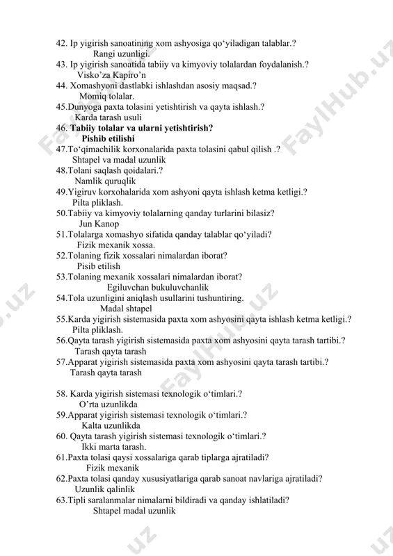 ni qayta tarash tartibi.? tarash qayta tarash 57.apparat yigirish sistemasida paxta xom ashyosini qayta tarash tartibi.? tarash qayta tarash 58. karda yigirish sistemasi texnologik o‘timlari.? o’rta uzunlikda 59.apparat yigirish sistemasi texnologik o‘timlari.? kalta uzunlikda 60. qayta tarash yigirish sistemasi texnologik o‘timlari.? ikki marta tarash. 61.paxta tolasi qaysi xossalariga qarab tiplarga ajratiladi? fizik mexanik 62.paxta tolasi qanday xususiyatlariga qarab sanoat navlariga ajratiladi? uzunlik qalinlik 63.tipli saralanmalar nimalarni bildiradi va qanday ishlatiladi? shtapel madal uzunlik 64.aralashma tuzishning qanday qoidalari mavjud? melanj movut 65.yigirish korxonalarida xomashyoni ishlatish qanday amalga oshiriladi? aralash partiya 66.muhandis a.a. sinitsin formulasi qachon qo‘llaniladi? 67.agar aralashma faqat paxta tolasidan tashkil topgan bo‘lsa, ipning nisbiy uzish kuchi qaysi formula bilan hisoblanadi? 68.ipning solishtirma notekisligi nimani bildiradi? kalta uzunlikda 69.ip pishitilishiga tuzatma koeffitsiyenti qanday aniqlanadi? shtapel madal uzunlik 70.ipning kritik pishitilish koeffitsiyenti qaysi formula bilan hisoblanadi? fizik mexanik xossa. 71.ip sifatini baholashda ssp va rkm ko‘rsatkichlaridan foydalanish formulalarini keltiring. 72. ipning …