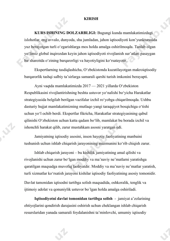 y muhitni ta;minlash; raqobatni himoya qilish; daromad va boylikni qayta taqsimlash; resurslarni qayta taqsimlash; iqtisodiyotni barqarorlashtirish iqtisodiyotni davlat tomonidan tartibga solishning usullari – bevosita ta’sir qilish usullari; bilvosita ta’sir qilish usullari; tashqi iqtisodiy usullar. bevosita usullar – yaxlit takror ishlab chiqarish jarayoni yoki uning alohida tomonlarini to’g’ridan-to’g’ri, ma’muriy tartibga solish. masalan, iqtisodiyotning ayrim bo’g’inlari – transport, aloqa, atom va elektr energetikasi, kommunal xizmat va boshqa sohalarni bevosita boshqarish; narxlar va ish haqini “muzlatib” qo’yish siyosati; ish bilan bandlik xizmati faoliyatini tashkil qilish; iqtisodiy sohani tartibga solishni lo’zda tutuvchi qonunlarni ishlab chiqarish va qabul qilish. bilvosita usullar – bunda iqtisodiy dastak va vositalarga ustunlik beriladi. u davlatning pulkredit va byudjet siyosatida o’z ifodasini topadi. pul-kredit siyosatining asosiy vositalari quyidagilardan iborat: hisob stavkasini tartibga solish; moliya-kredit muassasalarining markaziy bankdagi zahiralari minimal hajmini o’rnatish va o’zgartirish; davlat muassasalarining qimmatli qog’ozlar bozoridagi operasiyalari. aholi daromadlari – aholining ma’lum vaqt davomida pul va natural shaklda …
