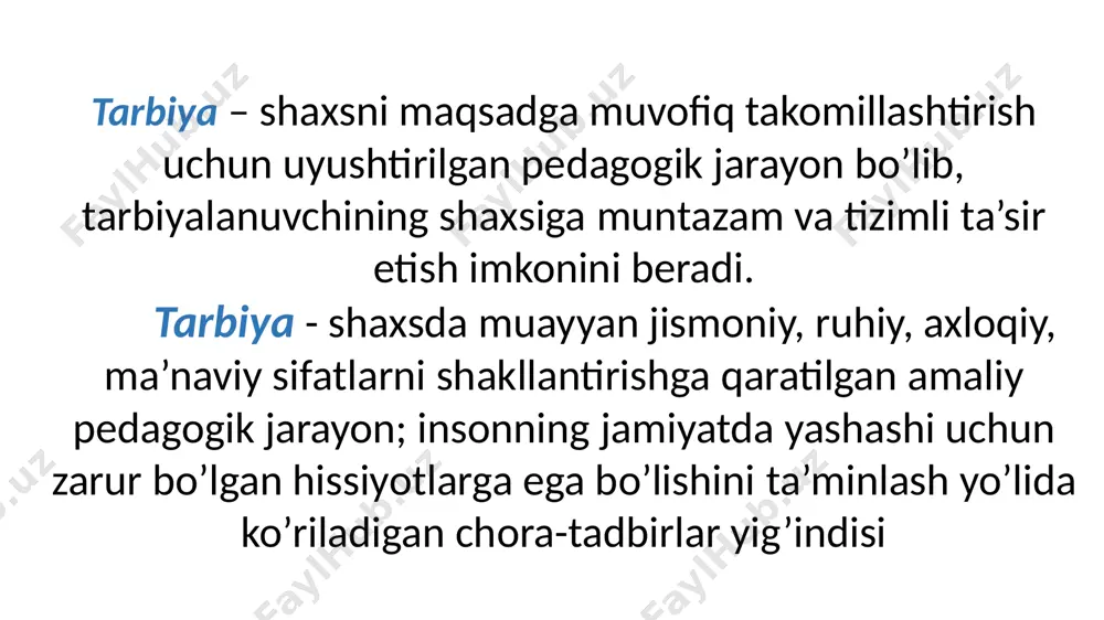 faoliyati o‘rtasidagi bog‘lanish;  tarbiya va o‘zini-o‘zi tarbiyalashning intensivligi;  tarbiyalanuvchining “ichki olami”ga ta’sir etishning intensivligi (g.i. shukina);  tarbiyalanuvchilarda verbal va sensomotor jarayonlarning rivojlanish darajasi va pedagogik ta’sirni hisobga olish (g.i. shukina). . tarbiya tamoyillari tarbiya tamoyillari deb yosh avlodni tarbiyalash maqsadidan kelib chiqadigan va komil insonni tarbiyalashning mazmuni va yo’nalishiga qo’yiladigan eng muhim talablarni belgilab beruvchi asosiy g’oya va qoidalar yig’indisiga aytiladi tarbiya tamoyillari tarbiya jarayoni qonuniyatlarini aks ettiradi. tarbiyaviy jarayonda ilg’or tamoyillarga amal qilinishi tarbiya samarasini ta’minlaydi. tarbiya tamoyillari quyidagilardan iborat:  tarbiyaning maqsadga yo’naltirilganligi va g’oyaviyligi;  tarbiyada demokratik va insonparvarlik g’oyalarining ustunligi;  tarbiyada milliy, umumbashariy qadriyatlarning ustunligi;  tarbiyada izchillik va tizimlilik;  tarbiyaning ijtimoiy hayot bilan qo’shib olib borish;  tarbiyani mehnat bilan bog’lash;  tarbiyalanuvchi shaxsni xurmat qilish;  tarbiyada o’quvchining yosh va alohida xususiyatlarini hisobga olish;  jamoa va jamoa yordamida tarbiyalash;  tarbiyada o’quvchi xulqidagi ijobiy sifatlarga tayanib, salbiy tomonlarni …