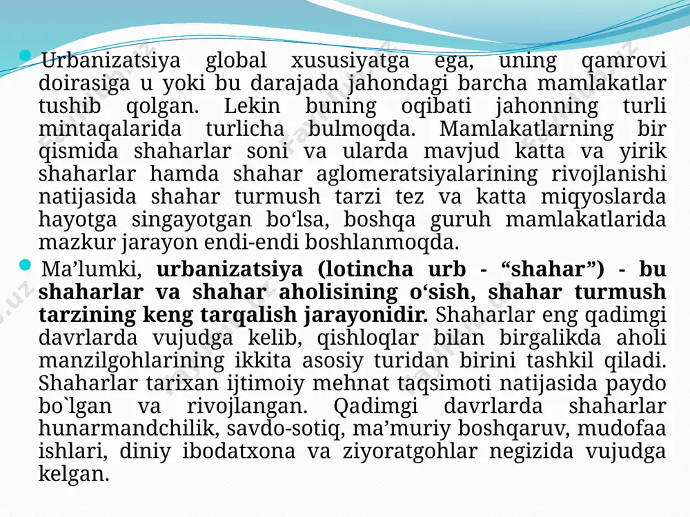 , moliyaviy jamg‘arma va birjalar joylashganligi bilan boshqa shaharlardan ajralib turadilar. shu toifadagi shaharlarga nisbatan global (yoki jahon) shaharlari atamasi qo`llaniladi. global shaharlar qatoriga, eng avvalo, nyu-york, london, tokio, shanxay, gonkong, parij, dubay, singapur kabi savdo-moliyaviy va transport salohiyati o‘ta katta shaharlar kiritiladi. global shaharlar safi borgan sari kengaymoqda, ularning ta’sir doirasi esa barcha qit’a va ularning yirik qismlarini qamrab olishga intilmoqda. urbanizatsiya jarayonlari ijtimoiy-iqtisodiy taraqqiyotning ajralmas qismi va ularning bevosita hosilasi bo‘lib, qator muammolarni ham keltirib chiqarmoqda. bu muammolarning qamrovi keng bo‘lib, ekologik, iqtisodiy, ijtimoiy, tibbiy, madaniy, ma’naviy-axloqiy jihatlar bilan tavsiflanadi. bunda ishlab chiqarish atrof-muhitga o‘tkazadigan bosimining kuchayishi, suv ta’minotidagi kamchiliklar, transport tarmoqlariga me’yoridan ortiq yuk tushayotgani, shahar turmush tarzi bilan bog‘liq kasalliklarning tarqalishi, jinoyatchilikning ortishi va boshqa muammolar eng dolzarb hisoblanadi. demak, jahon urbanizatsiyasining zamonaviy bosqichi miqdor va sifat xususiyatlari, shuningdek, turli ko‘rinishdagi muammoli jihatlari bilan tavsiflanadi. o‘zbekistonda o‘sish va urbanizatsiya urbanizatsiya jarayonining o‘zbekistondagi holati xx asrning ikkinchi …