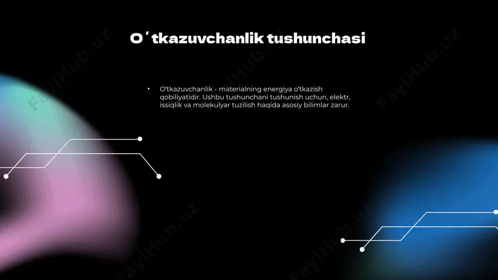 ergiya samaradorligi tizimlari: sanoat va energetika sohalarida qoʼllaniladi. misol sifatida: 2021 yilda amalga oshirilgan tadqiqotlar natijasida nano-oʼtkazuvchilar yordamida energiya o'tkazuvchanligini 30% ga oshirishga muvaffaq bo'lingan. bunday innovatsion yondashuvlar ekologik xavfsizlikni taʼminlashda ham muhim ahamiyatga ega. photo by altumcode on unsplash oʼtkazuvchanlik va axborot texnologiyalari axborot texnologiyalarida oʼtkazuvchanlik maʼlumotlarni samarali uzatishda muhim ahamiyatga ega. oʼtkazuvchanlik darajasi, maʼlumot uzatish tezligini va ishonchliligini belgilaydi, bu esa tarmoqlar orqali maʼlumotlarning sifatli va tezkor uzatilishini taʼminlaydi. oʼtkazuvchanlik va energiya oʻtqazilishi oʼtkazuvchanlik - energiyaning bir jismdan boshqasiga oʻtish jarayonidir. bu jarayonda energiya issiqlik, elektr yoki mexanik shaklda oʻtadi. energiyani oʻtkazish jarayoni jismning o'zaro taʼsiri va harakatlanishi orqali amalga oshadi, bu esa energiya samaradorligini oshirishga yordam beradi. oʼtkazuvchanlikning samarali boʼlishi energiya yoʻqotilishining kamayishiga olib keladi, shuning uchun energiya samaradorligi yuqori boʼladi. oʼtkazuvchanlikning asosiy qonunlari qonunlar 1. ohm qonuni: tok va kuchlanish orasidagi munosabat. misol: kuchlanish oshganda, tok kuchi ham oshadi. 2. fourier qonuni: issiqlik oqimi va uning …