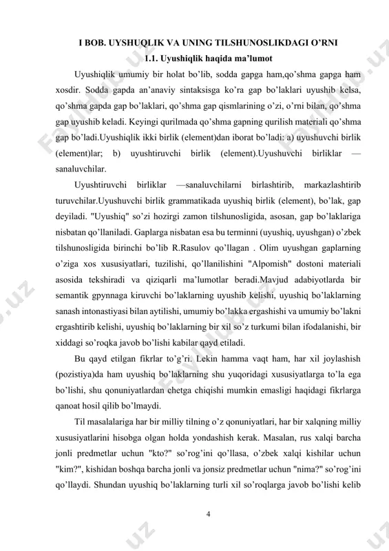 ?" so’rog’ini qo’llasa, o’zbek xalqi kishilar uchun "kim?", kishidan boshqa barcha jonli va jonsiz predmetlar uchun "nima?" so’rog’ini qo’llaydi. shundan uyushiq bo’laklarning turli xil so’roqlarga javob bo’lishi kelib chiqadi. bundan tashqari uyushiq bo’laklar jonli va jonsiz predmetlarni ifodalovchi turli xil otlar bilan ifodalanib keladi. masalan: apiqlarda qiy-chuv bilan cho’milib, qizg’in tuproqqa ag’anagan qora-qura bolalar, o’rikzorda o’rik qoqqan qizlar, havoda zarg’aldoqning "biyov-biyov"i va traktorning guldirovi, devor orqasida tandirda pishayotgan nonning hidi, olislarda chaylalardan, dala shiyponlaridan ko’tarilayotgan tutun ko’malari, bog’larda mevalarni qushlardan qo’riqlovchilarning shovqini — hamma narsa unga tinch hayotni va erkin mehnat nash’asini gavdalantirar edi. bu gapda ettita ega uyushib kelgan bo’lib, ularning ikkitasi {bolalar, kizlar} "kimlar?", beshtasi (biyov-biyovi, guldirovi, hidi, tutun ko’malari, shovqini) "nimalar?" so’roqlariga javob bo’ladi. haqiqatdan ham, bu xarakterli misollardan uyushiq bo’laklarning turli xil so’roqqa javob bo’lishi aniq ko’rinib turibdi. uyushiq bo’laklar, xuddi uyushmagan bo’laklarday, ot va olmoshlar, fe’l, fe’lning ravishdosh, sifatdosh, infinitiv formalari, ravish kabi so’z turkumlari …