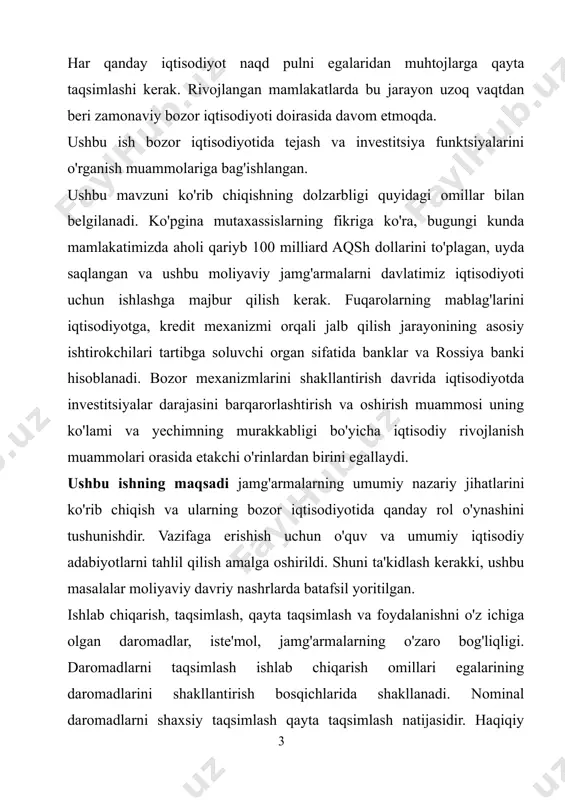 ng umumiy kontseptsiyasini shakllantirishga katta ehtiyoj bor. ishning dolzarbligi zamonaviy iqtisodiy adabiyotlarda aholining investitsiya salohiyatini faollashtirish va aholining haqiqiy jamg'armalarini miqdoriy baholash muammosiga juda kam e'tibor qaratilganligi bilan izohlanadi. ammo ba'zi ko'rinishlar ham bor. biz 90yillarning o'rtalarida paydo bo'lgan aholining moliyaviy salohiyatini va jamg'armalardan investitsiya maqsadlarida foydalanish imkoniyatlarini baholash usullari haqida gapiramiz. ular aholining jamg'armalarini o'rganishning nazariy bazasidagi bo'shliqni to'ldirishga qodir va yangi qo'shimcha tadqiqotlar o'tkazish mumkin bo'lgan barcha yo'nalishlarni aniqlashga imkon beradi. kurs ishining asosiy vazifalari quyidagilardan iborat: tejashni makroiqtisodiy toifalar, ularning o'zaro bog'liqligi sifatida ko'rsatish; shuningdek xorijiy mamlakatlar tajribasi. kurs ishini o'rganish ob'ekti daromad, iste'mol va tejashdir. kurs ishini yozishda quyidagi usullardan foydalanilgan: mantiqiy; tarixiy; davriylashtirish; taqqoslash; tahlil. kurs ishi kirish, uchta bob, xulosadan iborat. kirish kurs ishining qisqacha tavsifini o'z ichiga oladi. birinchi bobda "jami iste'mol va jami tejash, ularning mohiyati, o'zaro bog'liqligi" umumiy iste'mol va jami tejash tushunchasi va ma'nolarini ochib beradi. ikkinchi bobda "iste'mol va …