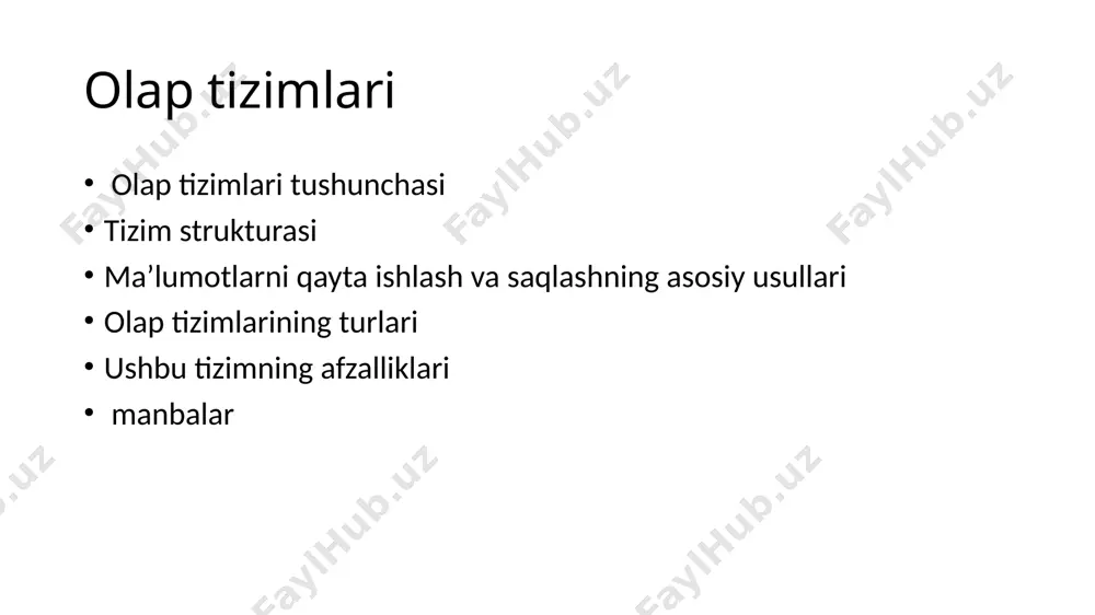 llanadi. * molap tizimlari ma'lumotlarni qayta ishlashda eng samarali hisoblanadi, chunki ular foydalanuvchining turli xil so'rovlari uchun ma'lumotlarni qayta tuzishni va tuzilishini osonlashtiradi. molap analitik vositalari sizga murakkab hisob-kitoblarni amalga oshirishga imkon beradi. molap-ning yana bir afzalligi - bu so'rovlarni tezda yaratish va natijalarga erishish qobiliyatidir. bunga olap kublarini oldindan shakllantirish orqali erishiladi. * molap tizimining kamchiliklariga qayta ishlangan ma'lumotlarning cheklanganligi va ma'lumotlarning ortiqcha bo'lishi kiradi ko'p o'lchovli kublarni hosil qilish uchun har xil jihatlar bo'yicha ma'lumotlar takrorlanishi kerak. oltp tizimlari. yechilishi kerak bo'lgan vazifalar 1. tartibga solinadigan so'rovlar bo'yicha ma'lumotlarni qidirish 2. hisobotlar, sertifikatlar, hujjatlar va boshqalarni yaratish. 3. sql sql (structured query language) yordamida ma`lumotlarni boshqarish - bu ma'lumotlar bazasini yaratish, o'zgartirish va boshqarish uchun ishlatiladigan universal kompyuter tili. qaror qabul qilish usullari va algoritmlari tranzaksiya bu ma’lumot bazasi bilan bajariladigan ishlar(xarakatlar) ketma ketligi bo‘lib unda barcha ishlar to‘laligicha bajariladi yoki birortasi ham bajarilmaydi. oxirgi holda ma’lumot bazasi …