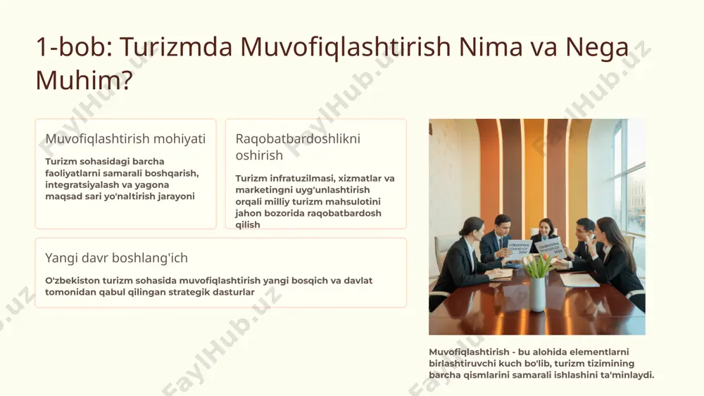 y shaharlar klasteri samarqand, buxoro, xiva kabi unesco merosi shaharlar atrofida tashkil etilgan klasterlar aslanova dilbar hasanovna tadqiqotlari regional klasterlarni aniqlash va rivojlantirish metodikasi ishlab chiqilgan iqtisodiy samara klasterlar orqali yangi ish o'rinlari yaratish va mehnat unumdorligini oshirish klaster yondashuvi o'zbekiston turizm sohasida mintaqaviy raqobatbardoshlikni oshirishning samarali vositasi hisoblanadi. muvofiqlashtirishda axborot texnologiyalarining roli ma'lumotlar bazasi turizm ma'lumotlar bazalari va onlayn platformalar orqali barcha turistik ob'ektlar haqida to'liq axborot taqdimi raqamli marketing elektron xizmatlar va ijtimoiy tarmoqlar orqali samarali reklama va brendni rivojlantirish yagona axborot markazi sayyohlar uchun bir manzilli axborot olish va xizmatlar bilan tanishish imkoniyati raqamli texnologiyalar turizm sohasida muvofiqlashtirish samaradorligini 40-50% oshiradi zamonaviy turizm axborot tizimi raqamli platformalar sayyohlar va xizmat ko'rsatuvchilar o'rtasida samarali bog'lanish o'rnatishda muhim rol o'ynaydi. online rezervatsiya tizimi, real vaqtda axborot almashinuvi va mobil ilovalar orqali turizm xizmatlarining sifati sezilarli darajada yaxshilanadi. 3-bob: muvofiqlashtirish sxemalarining amaliy qo'llanilishi turistik marshrutlar integratsiyasi turli hududlardagi ob'ektlarni birlashtiruvchi …