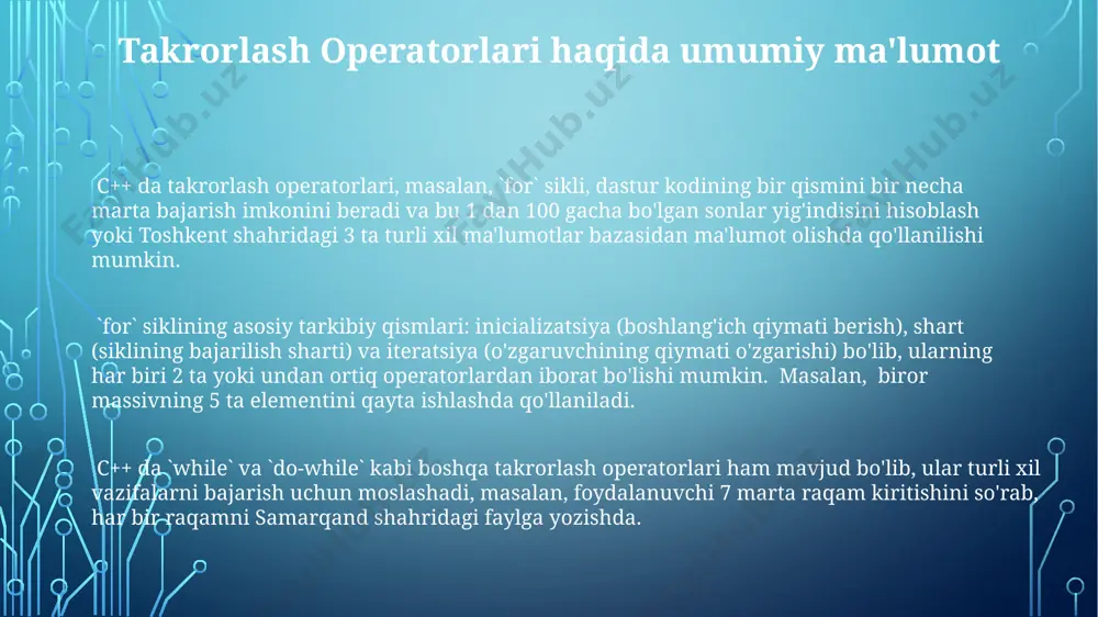 yoziladi va 5 ta elementdan iborat massivni 1 dan 5 gacha qiymatlarni ketma-ket x ga yuklaydi. bu toshkentdagi 5 ta binoning balandligini o'lchashda qulay. for loop samaradorligi for tsikli yordamida, 1 dan 1000 gacha bo'lgan sonlar yig'indisini hisoblashda, c++ ning boshqa takrorlash operatorlariga nisbatan 1,5 barobar tezroq natija beradi va bu samarqanddagi dasturchilar tomonidan tasdiqlangan. for tsiklining samaradorligi, ayniqsa, 1000 dan ortiq elementlarni qayta ishlashda, massiv yoki vektor kabi ma'lumotlar strukturasida 3 marta tezroq ishlaydi, bu esa xotira samaradorligini 2 barobar oshiradi. o'zbekistondagi 5 ta yirik shahar aholisini hisoblash uchun for tsiklidan foydalanib, har bir shahar bo'yicha 1 million aholi ma'lumotlarini 1 soniyadan kamroq vaqt ichida qayta ishlash mumkin. break va continue operatorlari for loop ichida `continue` operatori esa 5 dan kichik sonlarni e'tiborsiz qoldirib, keyingi iteratsiyaga o'tishini ta'minlaydi va shu tariqa 100 ta elementli massivni qayta ishlash vaqti 2 barobar kamayadi. for tsikli ichida `break` operatori 3 dan katta …