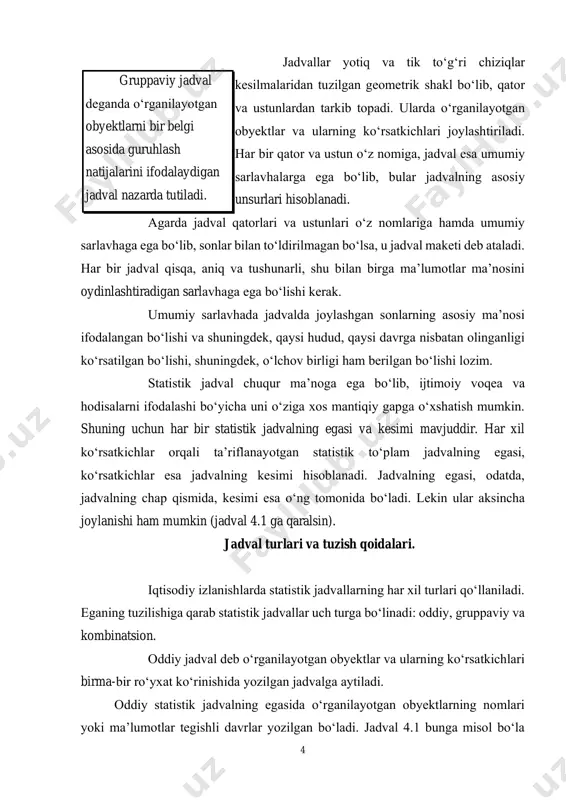 shi kerak. 2. jadvalning umumiy nomi undagi ega va kesimlar mazmunini ifodalashi lozim, uni qisqartirib yozish mumkin emas. unda o‘rganilayotgan obyektning nomi, ma’lumotlar tegishli vaqt oralig‘i hamda joyi ko‘rsatilishi lozim. 3. jadvalda bir-biri bilan bog‘liq ko‘rsatkichlar birin-ketin, soddadan murakkabga o‘tib borish tartibida joylashtirilishi lozim. 4. jadvaldagi ma’lumotlar mazmunini anglash oson bo‘lishi uchun ularni bir xil aniqlik darajasi bilan butunlashtirib, ifodalash lozim. kombinatsion jadval – bu ega qismida obyektlarni ikkita va undan ortiq belgilari asosida guruhlash natijalarini aks ettiradigan jadvaldir 6 5. shartli alomatlarga e’tibor berish kerak. zarur bo‘lganda ayrim ko‘rsatkichlar yoniga yulduzcha yoki raqamlar qo‘yilib, ularni qaerdan yoki qanday hisoblab olinganligi ilova tarzida berilishi kerak. 6. hodisa sodir bo‘lganligi to‘g‘risida ma’lumotlar bo‘lmasa, jadvalda shu ko‘rsatkich o‘rniga “ma’lumot yo‘q” yoki nuqtalar (...) qo‘yiladi, agarda hodisa umuman sodir bo‘lmagan bo‘lsa, tire (-) belgisi bilan ifodalanadi. jadvallarni tuzish texnikasi yaxshi egallansa, ularni o‘qish va tushunish ishi ancha osonlashadi. grafiklar haqida tushuncha, statistikada ularning …