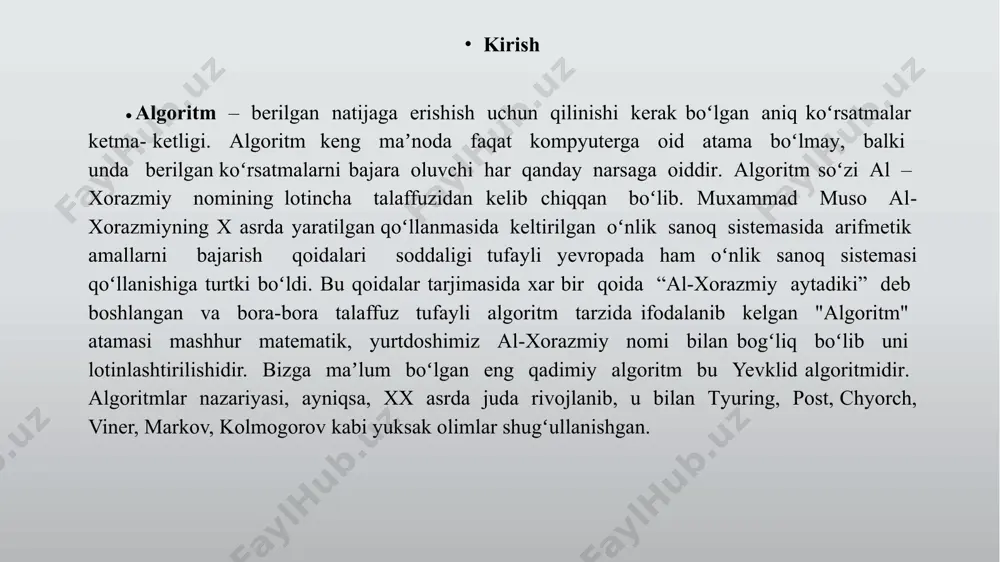 a boʻlgan uch daraxtning ildizi, chiqish nol darajaga ega tugunlar esa barglar deb nomlanadi. qoʻshnilik matritsasi qoʻshnilik matritsasi. 1 dan n gacha raqamlangan g grafning qoʻshnilik matritsasi kvadrat kattalikdagi a matritsasi boʻlib, unda a [i][j] elementining qiymati 1 ga teng boʻlsa, grafning i- va j- uchlari qoʻshni boʻladi, aks holda qiymati nolga teng boʻladi. bunday matritsa binar matritsa deb ham ataladi. oddiy graf uchun asosiy diagonal elementlari 0 ga teng boʻladi. qoʻshnilik matritsasi orgrafni tavsiflash uchun ham, yoʻnaltirilmagan grafni tasvirlash uchun ham mos keladi. yoʻnaltirilmagan graf uchun elementlarning qiymatlari asosiy diagonalga nisbatan nosimmetrikdir. yoʻnaltirilmagan grafda qoʻshnilik matritsasi qoʻshnilik matritsasining tasvirlanishi orgrafda insidetlik matsritsasi instidentlik matritsasi graflardan foydalanishda olingan dastur narijalari xulosa men kurs ishimni graflar nazariyasini va uning algoritimi va uning realizatsiya qilinishi haqida yozdim. graflar algoritimi mavzusida bajargan kurs ishimni bajarish davomida algoritm graf tariflar keltirdim. graflarda eng qisqa masofani topishda eng samarali algoritmlarni keltirildi. bundan tashqari algoritmlar grafni …