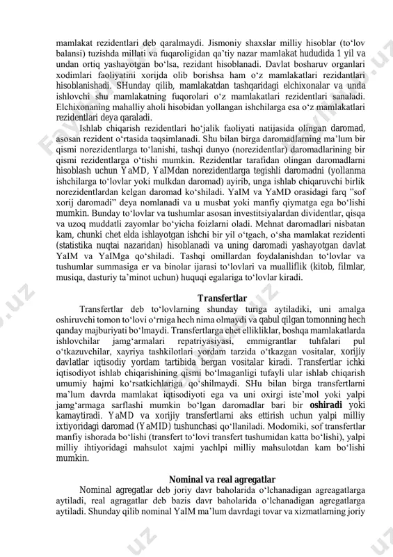 arkibiga amartizatsiya va nomoddiy xizmat sektoriga qo‘yilgan qiymatning ma’lum qismi qo‘yilmaydi. mism tarkibiga moddiy ishlab chiqarish mahsulotining taqsimoti bilan bog‘liq xizmat kiradi, masalan, transportirofka saqlash va marketing. bunday xizmatlarga moddiy ishlab chiqarish jarayoni “davomi” deb qaralgan. bundan tashqari mism tarkibiga ishlab chiqarish jarayonida qo‘shimcha qo‘shiladigan resurslar tarkibiga kirmasa-da mismdan chiqarib tashlanmagan. shu bilan bir vaqtda avvallari markazlashtirilgan rejalashtirish qo‘llanilgan turli mamlakatlarda nomoddiy xizmatlar orasida qaysilari kirishi amaliyotda turlicha hal qilingan. shunday qilib, mism asosida yaimni hisoblash uchun unga amartizatsiya va barcha nomoddiy xizmatlar qo‘shilgan qiymati, shu jumladan, davlat boshqaruv organlari qo‘shgan qiymat summasini qo‘shib va undan ishlab chiqarish jarayonida qo‘shimcha qo‘shiladigan resurslar sifatida qo‘llanilgan nomoddiy qiymatlar summasi ayrilganiga teng. bundan to‘g‘rilash natijasida olingan yaim qiymati ko‘p hollarda mism ko‘rsatkichidan 20-30% yuqori bo‘lgan. asosiy konsepsiyalar ishlab chiqarish umumiy hajmi bozor narxlarida hisoblangan yaim ishlab chiqaruvchi birlik – rezidentlar xo‘jalik faoliyatining oxirgi natijasini ifodalaydi. u barcha ishlab chiqaruvchi birlikrezidentlar tomonidan qo‘shilgan qiymatlarning …