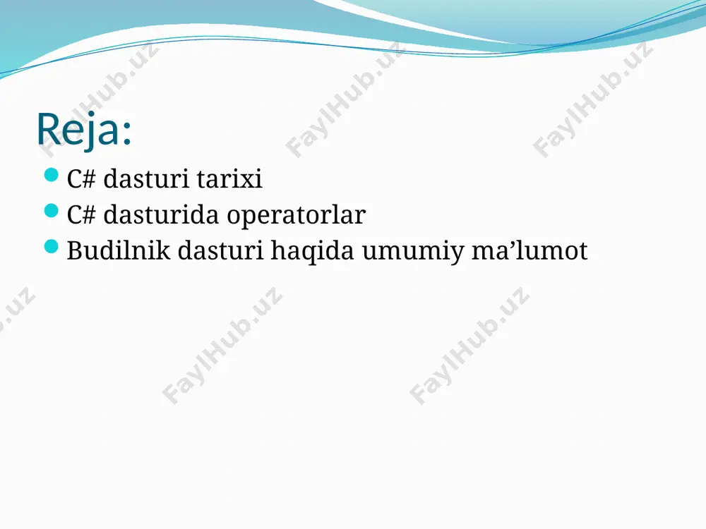 trukiyaga o’tkazadi. shartsiz o’tishning ikkinchi usuli : goto, break, return va throw kalit so’zlari yordamida bajarish mumkin. ushbu kalit so’zlar haqida quyida aytib o’tamiz. shartli o’tish operatorlari. shartli o’tish uchun if, else yoki switch kalit so’zlaridan foydalanish mumkin. bunday o’tish faqat shart rost bo’lganidagina bajariladi. if … else operatori. if…else – bu shartli o’tish operatori bo’lib, shart if qismida bajariladi. agar shart rost bo’lsa, shartdan so’ng yozilgan instruksiyalar to’plami (tarkibli instruksiya) bajariladi, agar yolg’on bo’lsa, else qismida yozilgan (yozilmagan bo’lishi ham mumkin) tarkibli instruksiya bajariladi. if (shart) operator1; else operator2; budilnik dasturi haqida umumiy ma’lumot ushbu kurs ishi budilnik dasturini yaratishga qaratilgan bo`lib, bu dasturning vazifasi vaqtni belgilash yoki biror narsani eslatishni amalga oshirish hisoblanadi. ushbu dasturiy vositani ishlab chiqishda o’ziga hos talablar mavjud. bu talablar quyida sanab o’tiladi. dasturiy vositani ishlab chiqish uchun masalaning qo’yilishi haqida yoritib beramiz. dastur kompleksi quyidagi vazifalarni bajarishi talab etiladi. eslatmalarni amalga oshirish; vaqtni …