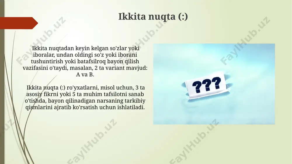 ikki mustaqil gapni bog'lashda, ular orasida bog'lovchi so'z bo'lmagan taqdirda qo'llaniladi va bu gaplarning mantiqiy aloqadorligini ko'rsatadi; masalan, 1-gap va 2-gap o'rtasidagi bog'lanishni ifodalaydi. tirqish (—) tire (—) dialoglarda gapiruvchilarning nutqini ajratishda, xususan, 2 dan ortiq kishining nutqi keltirilganda, yoki biror bir qisqa nutqni ajratish uchun ishlatiladi. tire (—) ikki yoki undan ortiq soʻzlar yoki iboralarni bogʻlashda, shuningdek, gap ichidagi toʻliq boʻlmagan jumlalarni ajratishda qoʻllaniladi, masalan, qoʻshimcha izohlar yoki takrorlash elementlari uchun. e'tiboringiz uchun rahmat @taqdimot_robot image1.jpg image2.jpg image3.jpg image4.jpg image5.jpg image6.jpg image7.jpg image8.jpg image9.jpg image10.jpg image11.jpg image12.jpg
