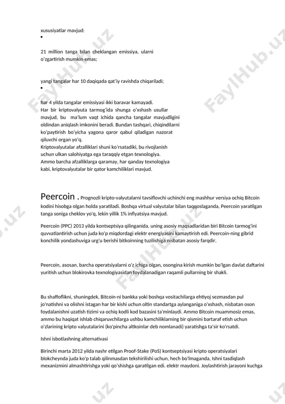 bdagi tangalarni olib tashlay olmaydi yoki ularning harakatini to‘xtatmaydi. kriptovalyutalar o‘z kapitallarini himoya qilish vositasiga aylanishi mumkin. omonat saqlangan bank o‘zini bankrot deb e’lon qilgan bo‘lsa yoki hukumat o‘z majburiyatlarini vijdonan bajarmayotgan bo‘lsa, faqat pul hamyoniga ega foyda- lanuvchi foydalanuvchini kriptovalyuta hamyonidagi mablag‘larni boshqarishi mumkin. ular uning moliyaviy sug‘urtasi. 6. ma’lumotlarning ishonchli himoyasi . tovarlar va xizmatlarni to‘lashda xaridor har doim uning shaxsiy ma’lumotlarini xavf ostiga qo‘yadi, bu to‘lov vaqtida to‘lanishi yoki sotuvchidan o‘g‘irlanishi mumkin va keyinchalik egasiga qarshi ishlatilishi mumkin. kriptovalyutatranzaksiyalarida hech qanday shaxsiy ma’lumotlar sotuvchiga uzatilmaydi, shuning uchun ma’lumot buzg‘unchilarning qo‘liga tushmasligiga amin bo‘lishingiz mumkin. 7. inflyatsiyaga tobe emas . kriptovalyutalar inflyatsiyaning oldini olishning murakkab mexanizmiga ega. xususan, bitcoin tarmog‘ida inflyatsiyaning oldini olish uchun bir nechta xususiyatlar mavjud: 21 million tanga bilan cheklangan emissiya, ularni o‘zgartirish mumkin emas; yangi tangalar har 10 daqiqada qat’iy ravishda chiqariladi; har 4 yilda tangalar emissiyasi ikki baravar kamayadi. har bir kriptovalyuta tarmog‘ida …