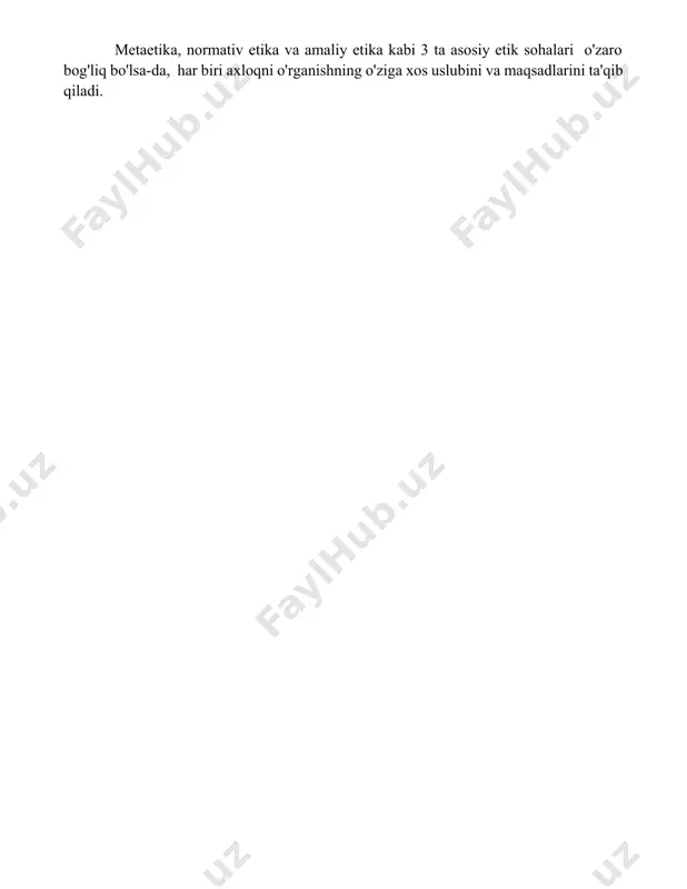 qabul qilishda turlicha yondashuvlarni namoyon qiladi. metaetika, normativ etika va amaliy etika kabi 3 ta asosiy etik sohalari o'zaro bog'liq bo'lsa-da, har biri axloqni o'rganishning o'ziga xos uslubini va maqsadlarini ta'qib qiladi. 📌xulosa этика фалсафий интизом сифатида инсон ҳаёти ва жамият учун муҳим ахлоқий меъёрларни белгилаш, уларни ўрганиш ва амалий татбиқ этишни ўз олдига мақсад қўяди. унинг вазифалари эса ахлоқий тамойилларни ривожлантириш ва яхшиликни тарғиб қилишдан иборат. 📚foydalanilgan adabiyotlar 1. aristotelning "nikomaxusga bag'ishlangan axloq to'g'risida" asari. 2. immanuel kantning "amr etishning metafizikasi" asari. 3. jeyms reyning "axloqning asosiy tamoyillari" kitobi. 4. john stuart millning "utilitarizm" asari. 5. nilz bohrning "atom tuzilishi va kvant nazariyasi" kitobi