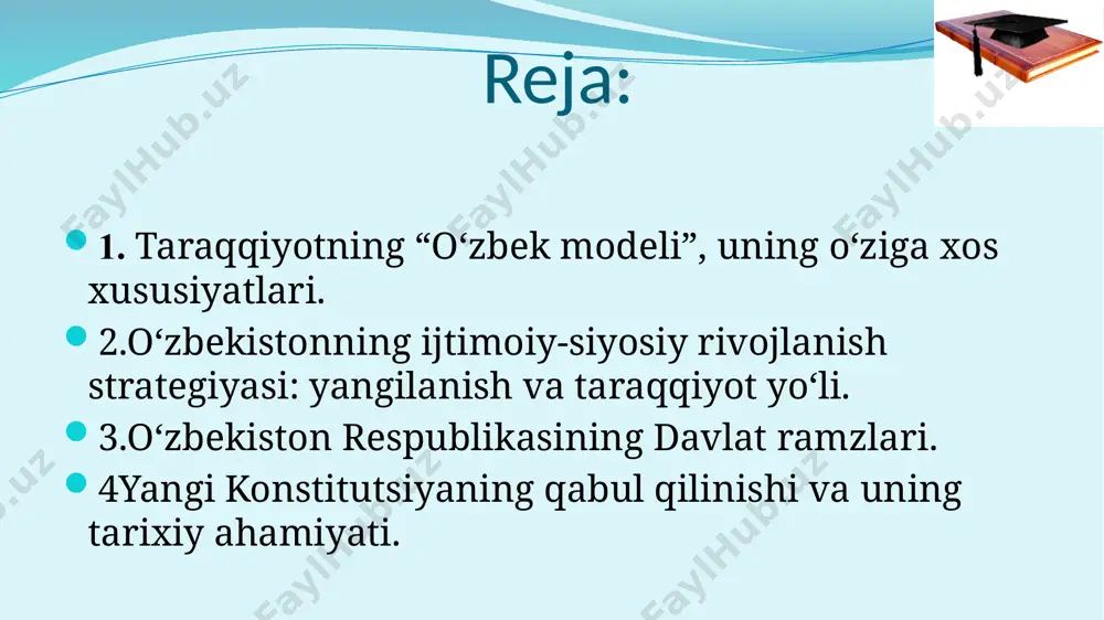 ’z ichiga qamrab oldi: o‘zbekistonning ijtimoiy-siyosiy rivojlanish strategiyasi: yangilanish va taraqqiyot yo‘li. ijtimoiy-siyosiy sohada: ma’muriy-buyruqbozlik, avtoritar tuzum mexanizmi va tuzilmalaridan qutilish hamda davlat qurilishining demokratik, huquqiy tamoyil va me’yorlariga o’tish, fuqarolik jamiyatiga o’tishning poydevorini ko’rish. ijtimoiy- iqtisodiy sohada: insonning ishlab chiqarish vositalaridan begonalashuvidan, rejali-taqsimotchilik tizimidan kechish va ko’p ukladli iqtisodiyotga hamda bozor munosabatlariga o’tish. ma’naviyat sohasida: aqidabozlik va o’ta siyosatlashtirilgan mafkura hukmronligidan qutulish, milliy ma’naviyatni shakllantirish. halqaro munosabatlar sohasida: butun dunyo taraqqiyotidan ajralib qolishdan, o’zni chetga olishdan va unga qarshi turishdan voz kechish, jahon hamjamiyatiga kirib borish va teng huquqli hamkorlikka yo’l ochish. islohotlarning mazkur asosiy yo’nalishlari orqali respublikamizda amalga oshirilayotgan o’zgarishlarning murakkabligi va ulkan miqyoslarini tasavvur qilish mumkin. o’zbekiston o’z taraqqiyot yo’lini o’z xalqi tarixi va uning ongi-ruhiyatidan, aniq sharoitlaridan kelib chiqib tanladi. mazkur asos zaminida bilan taraqqiyotning “o’zbek modeli”ni amalga oshirishning yetakchi shartlaridan biri sifatida ma’naviy qadriyatlar va milliy o’zlikni anglashni tiklash va rivojlantirish vazifalari belgilab olindi. ta’kidlash …