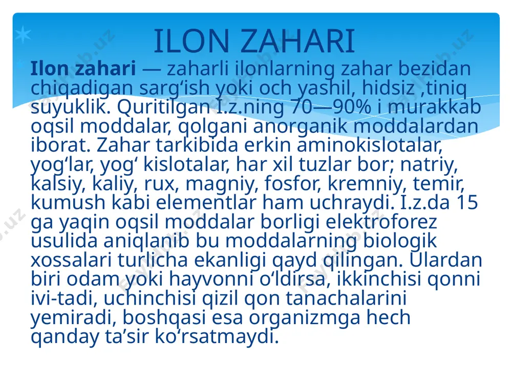 l bo'lishida pıhtılaşma uchun zarur bo'lgan juda ko'p moddalar (trombotsitlar) iste'mol qilinadi, shuning uchun ularning keyingi o'tkir tanqisligi paydo bo'ladi va oxir-oqibat qon pıhtılaşamaz. buning oqibati - o'chib bo'lmaydigan qon ketish (masalan, jarohatlardan, tish go'shtidan va burun yo'llaridan qon ketish). siydikda qon izlarini topish mumkin. mushaklarni zaiflashtiradigan zaharlar nafas qisilishi, zaiflik yoki koordinatsiyani yo'qotishiga olib kelishi mumkin. ular chizilgan mushaklarga ta'sir qiladi, unga zarar etkazadi va qattiq og'riq keltiradi. laboratoriya ishida qondagi kreatin kinaz va siydikdagi miyoglobin miqdorini aniqlash mumkin: kreatin kinaza fermenti mushak hujayralarining energiya almashinuvi uchun muhim, mioglobin esa mushaklarning muhim oqsilidir. ushbu rasm mushak to'qimasini yo'q qilish tufayli yuzaga keladi. bundan tashqari, ko'ngil aynish, qusish yoki diareya har qanday zaharli ilon chaqishi bilan sodir bo'lishi mumkin. mushaklarning shikastlanishi ba'zi bir ilonlar, bo'rsiq ilonlarini chaqishiga olib kelishi mumkin. ba'zi turdagi ilonlar (masalan, kobralar) zaharli moddalarni chiqaradi, natijada ko'zga tushib qolsa, ko'rish qobiliyati pasayadi. zaharli bo'lmagan ilon chaqishi ham …