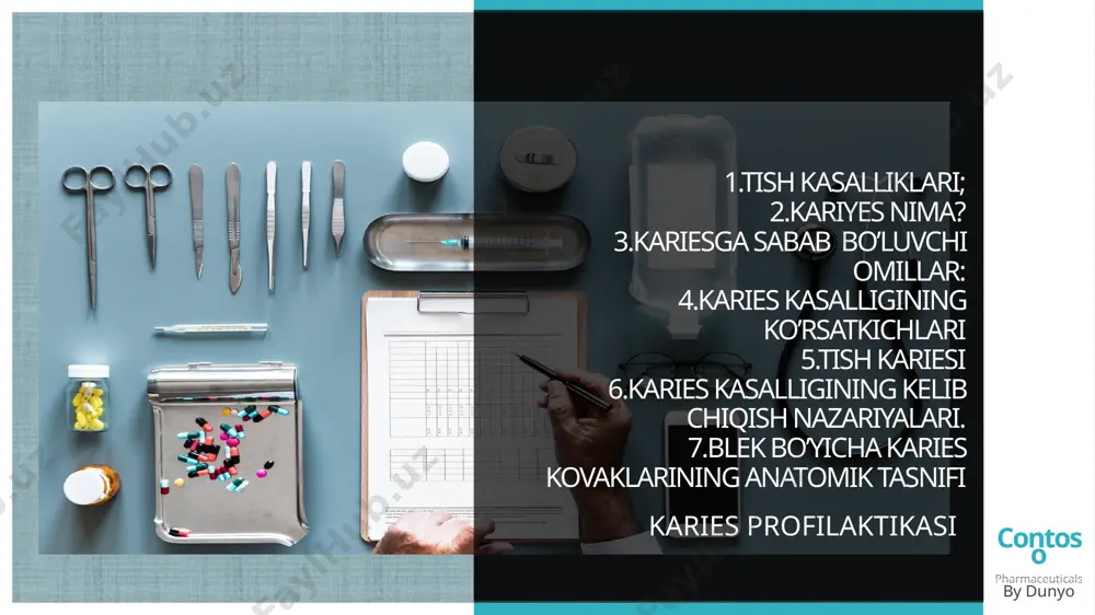 a uchrashi kuzatilgan. страница contoso pharmaceuticals tish kariesi sabablari hozirgi vaqtda kariyesning kelib chiqishi haqida bir necha yuz nazariyalar bor. kariyesni kelib chiqishida ko‘pgina faktorlar o‘rin tutadi. asosiy faktorlarga quyidagilar kiradi: – og‘iz bo‘shlig‘i mikroflorasi; – ovqat va ovqatlanish rejimi; – suv tarkibidagi ftorning miqdori; – so‘lakning tarkibi va hajmi; – organizimning umumiy holati; – organizimga bo‘lgan ekstremal ta’sirlar; – tashqi va ichki muhitdagi endogen va ekzogen faktorlar страница contoso pharmaceuticals kariesogen holat - bir yoki bir necha kariesogen omillarning tishgata'siri natijasida, tishni kislotalar ta'siriga sezuvchanligidir. albatta, bunda kariesni rivojlanishida ishga tushiruvchi mexanizm bo`lib, og’iz bo`shlig’ini mikroflorasi va uglevodlar, ularning tishning qattiq to`qimasi bilan o`zaro bog’liqligi va ta'siri hisoblanadi. tish to`qimasining rezistentligi pasayganda kariesogen holat tezda va oson rivojlanadi. klinikada og’iz bo`shlig’ida kariesogen holat quyidagi simptomlar bilan namoyon bo`ladi: a) og’iz bo’shlig’i gigienasining pastligi; b) ko`p miqdorda tish toshlari va tish karashlari; v) ko`p miqdordagi oqish karioz dog’lar; g) milkning …