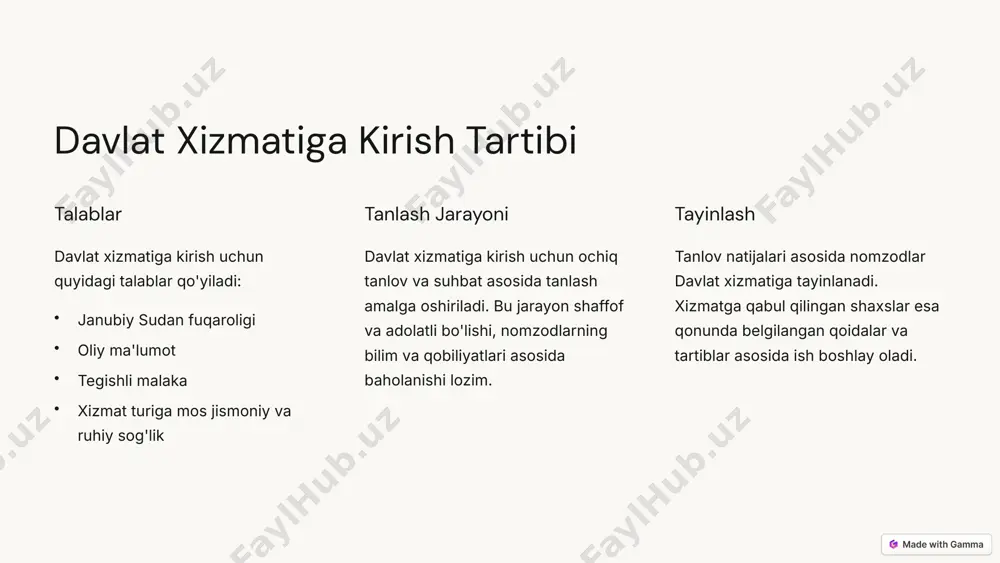 normalarini buzganlik uchun javobgarlik intizomiy javobgarlik davlat xizmatchilarining xizmat vazifalarini oshkora ravishda buzganligi, davlat sirlari yoki axborotlarni oshkor etganligi, shaxsiy manfaatlar yo'lida xizmat mavqeidan suiiste'mol qilganligi uchun intizomiy javobgarlikka tortiladi. jinoiy javobgarlik davlat xizmatchilarining xizmat vazifalarini bajarish jarayonida jinoyat qonunchiligini buzganligi uchun jinoiy javobgarlikka tortilishi mumkin. bunda qilmishning og'irligi va oqibatlariga qarab jazo choralari qo'llaniladi. fuqarolik-huquqiy javobgarlik davlat xizmatchilarining xizmat vazifalarini bajarish jarayonida uchinchi shaxslarga yetkazgan mulkiy zarar yoki moddiy zarar uchun fuqarolik-huquqiy javobgarlikka tortilishi mumkin. 9 qonuning kuchga kirishi va amal qilish tartibi kuchga kirish ushbu qonun janubiy sudan respublikasi parlamentining qabul qilishi va prezident tomonidan imzolanishi orqali kuchga kiradi. amal qilish qonun qabul qilингандан keyin 6 oy ichida uning asosida davlat xizmatining barcha tarkibiy qismlari shakllantirilib, to'liq amal qilishi ta'minlanadi. qo'shimcha normativ-huquqiy hujjatlar qonun asosida davlat xizmati komissiyasi tomonidan qo'shimcha qoidalar, tartiblar va ko'rsatmalar ishlab chiqilib, amal qilishga kiritiladi. kuzatuv va hisobotlar qonuning samarali ijrosini ta'minlash uchun uning …