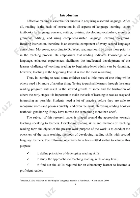 reading practice should be carried on for a limited number of lessons only. when a class has advanced far enough to be ready for more independent reading, reading in chorus might be decreased, but not eliminated: t - c - p1 p2 p3. when the pupils have learned to associate written symbols with the sounds they stand for they should read a sentence or a passage by themselves. in this way they get a chance to make use of their knowledge of the rules of reading. it gives the teacher an opportunity to see whether each of his pupils can read. symbolically it looks like this: p1 p2 pn t (s) c (s - speaker, if a tape recorder is used) [17; 184].in all, there are six important methods of teaching reading. they are as follows[footnoteref:2]: [2: backer, j. and westrup, h. the english language teacher’s handbook. – continuum, 2000.] …