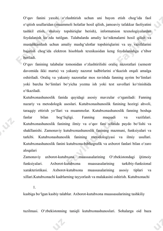 ibliografik va axborot fanlari bilan o‘zaro aloqalari zamonaviy axborot-kutubxona muassasalarining o‘zbekistondagi ijtimoiy funksiyalari. axborot-kutubxona muassasalarining tarkibiy-funksional xarakteristikasi. axborot-kutubxona muassasalarining asosiy tiplari va xillari.kutubxonachi kadrlarning tayyorlash va malakasini oshirish. kutubxonachi 1. kasbiga bo‘lgan kasbiy talablar. axborot-kutubxona muassasalarining tashkiliy tuzilmasi. o‘zbekistonning taniqli kutubxonashunoslari. sohalarga oid baza ma’lumotlarini yaratuvchi kutubxonachining faoliyati. kutubxonachi- katologizatorning faoliyati. multimediya resurslarini (cd,dvd) saqlash va undan foydalanishni tashkil etuvchi kutubxonachining faoliyati. axborot-kutubxona faoliyatini boshqarish tizimi axborot-kutubxona muassasalarida qo‘llanilayotgan axborot texnologiyalari jarayonlarining xalqaro tendensiyalari. o‘zbekistonda axborot-kutubxona fanining rivojlanishi. “kutubxonashunoslik” fanini o‘qitish jarayonida kompyuter texnologiyasidan foydalaniladi.ayrim mavzular bo‘yicha talabalar bilimini baholash test asosida va kompyuter yordamida bajariladi. tilshunoslikning frazeologik birikmalari va ularning barcha xususiyatlarini tekshiruvchi sohasi frazeologiya deyiladi frazeologiya termini tilshunoslikda ikki ma’noda qo`llanadi: 1) tildagi frazeologik birliklarning jamisi; 2) shunday birliklarni o`rganuvchi soha (fan) ma’nosida. frazeologiya dastlab adabiyotshunoslikda paydo bo`lgan. ma’lum bir asarni bir tildan ikkinchi tilga tarjima qilganda, turg`un so`zlar bog`lanmasini aynan tarjima qilish mumkin bo`lmay qolgan. bunda o`sha …