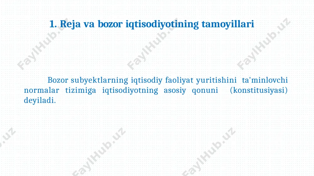 - y buyruqbozlik matritsasi - x institutlarning funktsiyalari rejali iqtisodiyot matritsasi (dispotiya) - х bozor iqtisodiyoti matritsasi - y boshqaruv tizimi ierarxik vertikal markaziy boshqaruv o‘z – o‘zini boshqarish qaror qabul qilish bir ovozdan demokratik ko’plik va pluralizm rahbarlik lavozimi tayinlash saylash ishlash yuritish prinsipi oliy hokimiyatning xoxish-istaklari qonun ustivorligi mehnat tizimi rasmiy mehnat yollanma mehnat jamiyatning ijtimoiy tuzilmasi tenglik tabaqalanish mehnat munosabatlari ma’naviy rag’batga yo’naltirilgan mehnat motivatsiyasi moddiy rag’batga yo’naltirilgan mehnat motivatsiyasi e’tiboringiz uchun tashakkur! image2.png image3.png image4.png image5.png image6.png image7.png image8.png image9.png image10.png image11.png image12.png image13.png image14.png image15.png image16.png image1.png