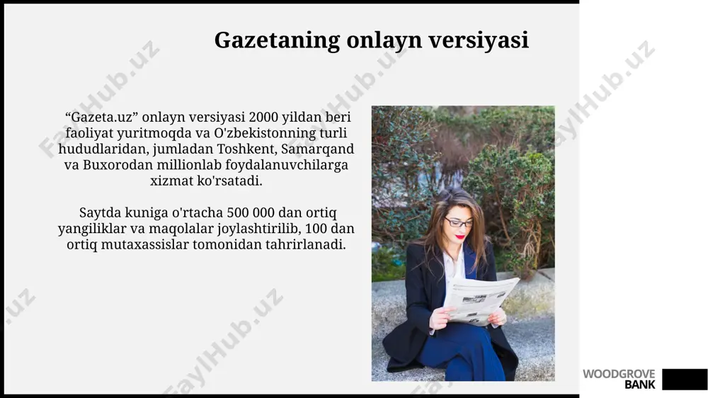 dagi tinch joyda o'tirib, 2-3 ta gazeta maqolalarini diqqat bilan o'qish tavsiya etiladi. woodgrove bank gazetaning ijtimoiy tarmoqlardagi faoliyati telegram kanalida kuniga 1000 dan ortiq yangi a'zo qo'shilmoqda, bu esa o'zbekiston bo'ylab 50 000 dan ziyod obunachiga ega bo'lishini ta'minlamoqda. instagram’dagi rasmiy hisobida haftasiga o'rtacha 5000 dan ortiq yangi postlar va hikoyalar joylashtirib, 30% dan ziyod o'sish sur'atlarini namoyon etmoqda. woodgrove bank gazetaning moliyaviy holati “gazeta”ning 2022-yil yakunlari boʻyicha toshkent shahrida joylashgan ofisining sof daromadi 5 milliard soʻmni tashkil etdi, bu oʻtgan yilga nisbatan 15% ga oʻsishni bildiradi. qashqadaryo viloyatidagi “gazeta”ning tarqalish hajmi 2023-yilning birinchi choragida 100 000 nusxani tashkil etdi, bu respublika boʻyicha oʻrtacha koʻrsatkichdan 20% yuqori. woodgrove bank e'tiboringiz uchun rahmat @taqdimot_robot woodgrove bank image1.jpg image2.jpg image3.jpg image4.jpg image5.jpg image6.jpg image7.jpg image8.jpg image9.jpg image10.jpg image11.jpg image12.jpg