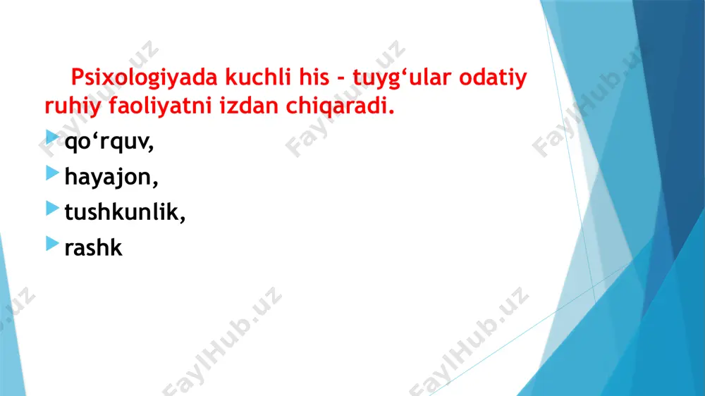 ajratishdan hech qanday ma’no yo‘q, chunki fiziologik nuqtai nazardan organizmning kuchli shodlikka va kuchli qayg‘uga javob reaksiyasi bir xil bo‘ladi. "stress hastaliklari" degan tushuncha noto‘g‘ridir. "distress kasalliklari" deyilsa, to‘g‘riroq hisoblanadi, degan edi g.sele. g.sele stressni 3 ta asosiy bosqichga bo‘lgan va quyidagicha ta’riflagan: birinchi bosqich - qo‘rquv bosqichidir. bu bosqichda qon bosimi va tana harorati pasayadi, oshqozon ichak sistemasida funksional o‘zgarishlar, qonda qand miqdori kamayadi. ikkinchi bosqich - bu qarshilik ko‘rsatish bosqichidir. bu bosqichda tana harorati ko‘tariladi va buyrakusti bezi qobig‘i kattalashadi, kortikosteroidlar ko‘plab ajralib chiqadi. uchinchi bosqich- toliqish bosqichidir. bu bosqich yurak mushaklarida distrofik o‘zgarishlar, oshqozon ichak sistemasida yarachalar paydo bo‘ladi, ayrisimon va limfatik bezlarning burishib qoladi, miya faoliyati susayadi. depressiya – bu hozirgi kunga va kelajakka ishonchsizlik bilan qarash, doimo past kayfiyatda bo‘lish, horg‘inlik, hech narsa qilishga intilmaslik va fikrlashning sustlashuvidir. ehtiros – ham uzoq davom etadigan va barqaror bo‘lgan emotsional holatdir. kayfiyatdan ehtirosning farqi shuki, ehtiros muayyan …