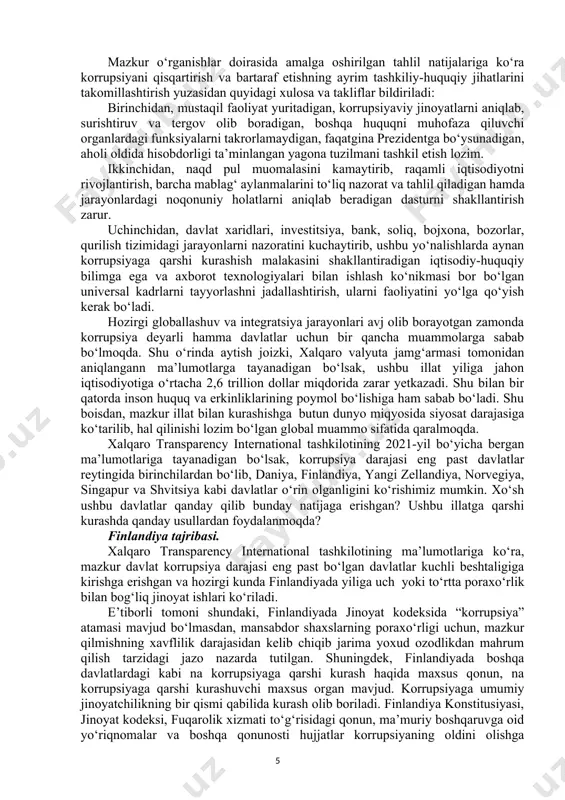 ilgan amaliy chora-tadbirlar natijasida shvesiyada 2015 yilda barcha to‘lov tranzaksiyalari umumiy qiymatining atigi 2 foizi naqd pul shaklida amalga oshirilgan.[footnoteref:7] shuningdek, bunda bir omilga ahamiyat berilishi, ya’ni ko‘chmas mulk sotib olinayotganda pullarning kelib chiqishi qonuniyligi tekshirilishi zarur, deb hisoblaymiz. vaholanki, bizda juda qimmat uylar egalari ularni sotib olish yoki qurish uchun mablag‘ni qayerdan olgani surishtirilmaydi ham.[footnoteref:8] [7: oecd, 2017. shining light on the shadow economy: opportunities and threats. [online] p.60. url: https://www.oecd.org/tax/crime/shining-light-on-the-shadoweconomy-opportunities-and-threats.pdf.] [8: омонов б.коррупция ва миллий тараққиёт: муаммо ва ечим.https://xs.uz/uzkr/post/ ] poraxo‘rlik jinoyatlarini keltirib chiqaradigan sabab va sharoitlar haqida fikr yuritadigan bo‘lsak, ayni kunlarda yer-joy masalalari, qurilish sohasida bir qancha poraxo‘rlik bilan bog‘liq jinoyatlar sodir etilayotganligi tez-tez qulog‘imizga chalinib turgaligi tufayli ushbu sohalarda poraxo‘rlik yoki korrupsiyaga yo‘l qo‘ymaslik uchun nima qilish kerak degan savol qo‘yiladi. bizga ma’lumki, yurtimizning chekka-chekka qishloqlarida gaz, elektr, ichimlik suvi va yo‘l qurilishi kabilar bilan bog‘liq muammolar judayam ko‘p uchraydi. ana shu muammolarning mavjudligi ularni …