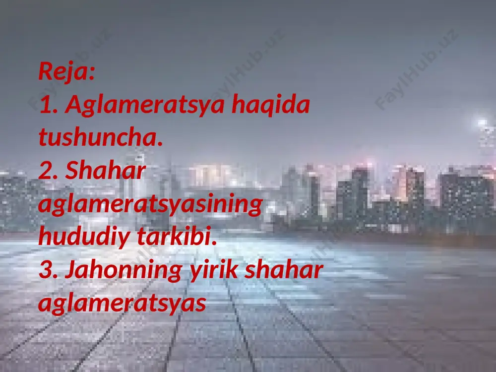 ”, “zanjirsimon”, “yulduzsimon” kabi konfiguratsiyaga ega bo‘ladi. ularning hududiy tarkibi ham murakkab bo‘lib, aglomeratsiya to‘laqonli shakllanishi uchun bosh shahar - “yadrosi”, yo‘ldosh shaharlar, ular o‘rtasida intensiv aloqalar bo‘lishi talab etiladi odatda, markaziy shahardan tarqaluvchi radial yo‘l bo‘ylari tez rivojlanadi, ularning oralarida esa ochiq joylar - bufer zonalar qoladi. bu zonalar ko‘pincha “yashil zonalar” yoki qishloq xo‘jalik yerlari bilan band bo‘ladi. rivojlangan davlatlarda esa ular qurilishlar, uyjoylar bilan to‘lib ketib, yo‘ldosh shahar bosh shaharga qo‘shilib ketadi. markaziy shahar aglomeratsiyaning “yadro”sini tashkil etadi, ular bitta (monotsentrik), ba’zan esa ikki va undan ortiq (politsentrik) bo‘lishi ham mumkin (donetsk - makeevka-gorlovka, gdansk - gdinya-sopot va b.). markaziy shahar qanchalik katta bo‘lsa, uning ta’sir doirasi ham shunchalik keng bo‘ladi. odatda, uning aholi soni 100 mingdan ortganda aglomeratsiyalashuv uchun ko‘proq imkoniyat vujudga keladi. undan uzoqlashgan sari, aholi zichligi va aholi manzilgohlari kamayib boradi, ular o‘rtasidagi aloqalar ham susayadi. aglomeratsiya chegarasi ko‘pincha 50-60, ba’zan esa 100-110 km …