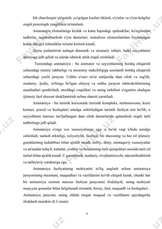 oshqalar). . animatsiya jarayoni, uning oldida turgan maqsad va vazifalarni quyidagicha ifodalash mumkin (8.1-rasm): 1.-chizma. animatsiya jarayoni animatsiya jarayonida animator turistlarga ma'lum bir mavzuni vizual idrok etishiga hissa qo'shadigan harakatlar orqali ob'ektlarini ko'rishga yordam beradi (birinchi vazifa); kerakli ma'lumotlarni musiqiy hamrohligini boyitish (ikkinchi vazifa); buni o'zingiz qilishga harakat qiling (uchinchi vazifa); davom etayotgan jarayonda ishtirok etishni his qilish (to'rtinchi vazifa); jarayonga qo'shilish, amaliy ko'nikmalarni o'zlashtirish (beshinchi vazifa). animatsiya faoliyatining mohiyati tahlili uchta o'ziga xos darajani belgilaydigan turli xil elementlarning unda o'zaro ta'sirini aks ettiradi, ular quyidagicha tasniflanishi mumkin: ijodiy - faoliyatdagi ijodiy lahzalarning ustunligi; reproduktiv - tayyor, ilgari ishlab chiqilgan shakl va usullarni oddiy ko'paytirish; reproduktiv va ijodiy - inson o'zi uchun ob'ektiv ravishda yangi bo'lmagan kashfiyot qiladi. yuqorida aytilganlarga asoslanib, animatsiyani insonning hayotiga, ilhomiga ta'sir ko'rsatib, uning to'laqonli dam olish, ijtimoiy-madaniy, hordiq chiqarish va boshqa faoliyatini rag'batlantirish deb belgilash maqsadga muvofiq. turistik animatsiya bu turistik xizmat bo'lib, uni taqdim …