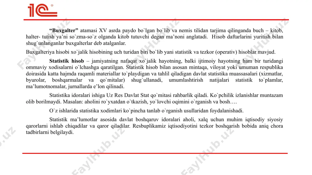 i sodir etish paytida yuritiladi. tezkor hisob vositasida materiallar yoki tovarlarni yetkazib berish tayyor mahsulot chiqarish va uni sotish ustidan nazoratni amalga oshiradi. tezkor hisob ma’lumotlarni odatda og`zaki, telefon yoki faks orqali beriladi. tezkor hisobning o`ziga xos xususiyati ma’lumotlarni tezda yig`ilishi va yetkazilishidir. tezkor hisob bilan korxonaning turli bo`lim va xizmatlar: ta’minot, sotish bo`limlari, rejalash-nozimlik byurolari, xodimlar bo`limi va hokazolar shug`ullanadi. masalan: tovar zahiralari miqdori, xodimlarning ishga kelgan kelmaganligi, mehnat haqqi berilganligi, sotilgan tovardan tushumlar va hokazolar. tezkor hisob korxona ichida yuritiladi, korxonaga taalluqli yozma shart emas. hujjatsiz masalan: direktorning tezkor topshirig`i buxgalteriya hisobi –mulkchilikning har qanday shaklidagi korxona xo`jalik faoliyatini yalpi uzluksiz va hujjatlarga asoslangan holda aks ettirish tizimidir. demak qat’iyan hujjatliligi yalpi, uzluksizligi ekanligi aniq qiymat bahosiga tayanish buxgalteriya hisobining farqlovchi xususiyati hisoblanadi. buxgalteriya hisobi uzluksizdir – chunki u kunma-kun yuritiladi va barcha xo`jalik xodisalari va jarayonlar yalpi tarzda qayd etadi. hisob turlarida qo`llaniladigan o`lchov birliklari natura o`lchovlari: …