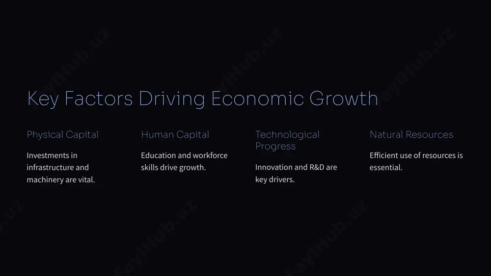 man capital and education 1 education invest in human capital. 2 improved health leads to productive workforce. 3 quantifiable impact higher earnings with schooling. 8 technological progress and innovation r&d creates new technologies. government policies promote innovation. entrepreneurship commercializes technology. 9 the role of institutions secure property rights 1 rule of law 2 control of corruption 3 10 government policies for economic growth fiscal policy invest in infrastructure. monetary policy maintain stable prices. trade policy promote open trade. regulatory policy balance regulation. 11 development beyond gdp 1 income distribution 2 poverty reduction 3 environmental sustainability 12 limitations and further considerations model limitations doesn't account for all factors. social factors inequality and conflict matter. endogenous growth knowledge drives long-run growth. 13 image1.png image2.png image3.png image4.png image5.png image6.png image7.png image8.png image9.png image10.png image11.png image12.png image13.png image14.png image15.png image16.png image17.png image18.png image19.png image20.png image21.png image22.png