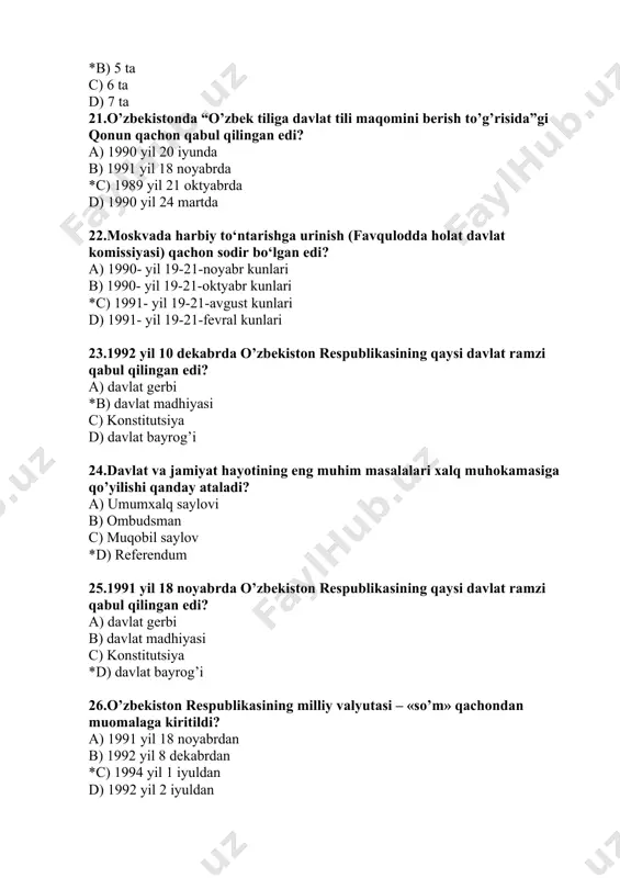 lar b) 1991–1994-yillar *c) 1995–2004-yillar d) 1995–2010-yillar 39.oliy majlis senatiga qoraqalpog‘iston respublikasi, viloyatlar va toshkent shahridan … nafardan, jami … kishi saylanadi. prezident tomonidan tayinlanadigan … nafar elyurtda obro‘-e’tibor qozongan kishilar senatning a’zosi bo‘lishadi. *a) 6, 84, 16 b) 6, 86, 12 c) 16, 86, 18 d) 6, 82, 14 40.mahalliy hokimiyatning ikki mustaqil organi – vakillik va ijro organlari tizimiga boshchilik qiladi - a) senatorlar *b) hokimlar c) oqsoqollar d) deputatlar 41.o‘zbekiston respublikasida hokimlar vakolat muddati necha yil? a) 2 yil b) 3 yil c) 6 yil *d) 5 yil 42.viloyat va toshkent shahar hokimlarini kim tayinlaydi ? *a) prezident b) kengash deputatlari c) bosh vazir d) senat 43.tuman va shaharlar hokimlarini kim tayinlaydi? a) prezident b) kengash deputatlari c) bosh vazir *d) viloyat hokimi 44.tumanlarga boysunadigan shahar hokimlari kim tomonida tayinlanadi? a) prezident *b) tuman hokimi c) bosh vazir d) viloyat hokimi 45.o‘zbekiston respublikasida saylovlar kim tomonidan tashkil …