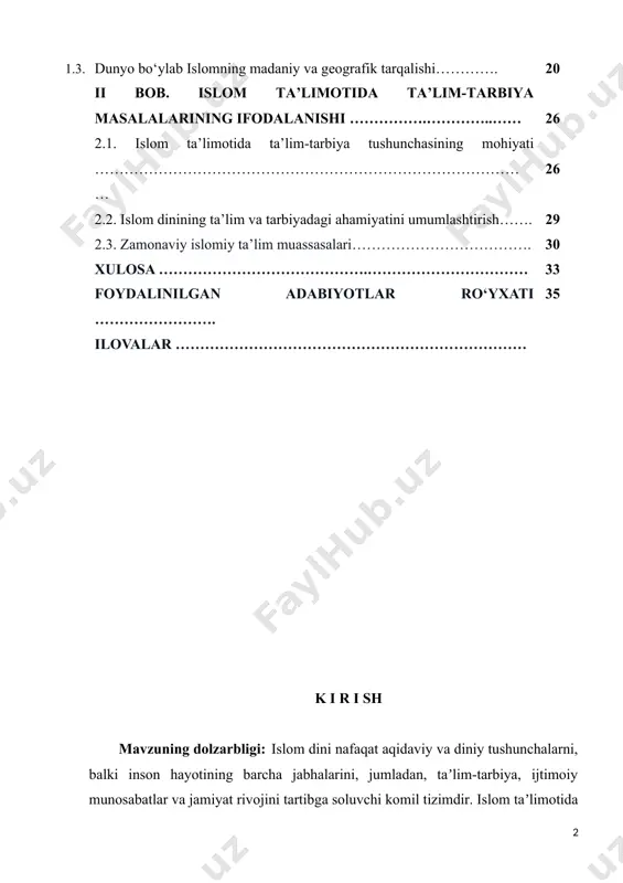 axloq, halollik, adolat, sabr, hurmat kabi tushunchalar orqali islom dini shaxsning barkamol bo‘lib yetishishiga va jamiyatda sog‘lom muhitni shakllantirishga xizmat qiladi. shuningdek, tarixiy manbalarda ko‘rsatilishicha, o‘rta asrlarda yashab o‘tgan mashhur musulmon mutafakkirlari — abu nasr al-farobiy, ibn sino, al-g‘azzoliy, ibn xaldun kabi allomalar taʼlim va tarbiya masalalariga oid chuqur fikrlar bildirganlar. ularning asarlarida ilgari surilgan pedagogik g‘oyalar hozirgi zamon taʼlim tizimi uchun ham muhim metodik asos bo‘lib xizmat qiladi. zamonaviy davrda yosh avlodni barkamol qilib tarbiyalashda, ularni ijtimoiy hayotga tayyorlashda islomiy taʼlimot asosidagi ijtimoiy-pedagogik gʻoyalar muhim rol o‘ynaydi. ayniqsa, globallashuv davrida axloqiy qadriyatlar, maʼnaviy kamolot va shaxsiy tarbiyaning yo‘qolib ketish xavfi mavjud bo‘lgan bir vaqtda, islom taʼlimotining ibratli tamoyillariga tayanish yanada dolzarb bo‘lib bormoqda. shu sababli, islom taʼlimoti doirasida ilgari surilgan ijtimoiy-pedagogik gʻoyalarni chuqur o‘rganish, ularni hozirgi taʼlim tizimiga uyg‘unlashtirish va yosh avlod tarbiyasiga tatbiq etish dolzarb masalalardan biri sanaladi. insoniyat tarixida taʼlim-tarbiya masalasi doimo markaziy oʻrinda boʻlib kelgan. har …
