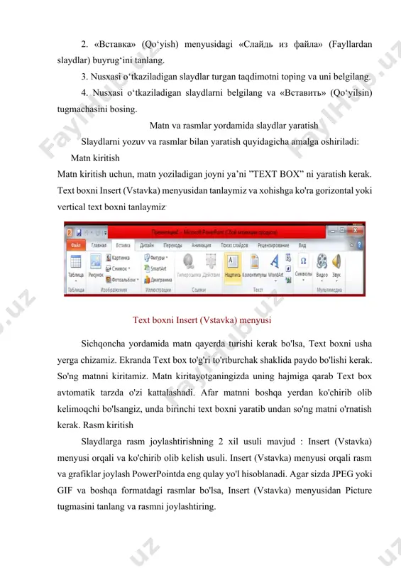 buyrug'ini tanlaysiz va u yerdan fon rangini tanlash imkoniyatiga ega bo'lasiz. agar size hosil bo'lga tablodan “zalivka” menyusini tanlasangiz fonni gradient usulida yaratishingiz mumkin. gradient fon bu biror rangdan boshqa rangga silliq o'tishidir. eng zo'r gradient fonlar juda to'q va och rangda bo'ladi, bu esa matnlarni oson o'qilishini ta’minlaydi. agar fonga rasm joylashtirmoqchi bo'lsangiz menyudan “risunok” tugmasini bosamiz va rasmni tanlaymiz.slaydlarni joylashtirish va olib tashlash slaydlarni quyidagicha usulda joylashtirish va olib tashlash mumkin: yangi slayd joylashtirish: yangi slayd yaratish uchun “home” menyusidan “new slide” tugmasini tanlasangiz taqdimotingizga yangi slayd qo'shiladi. slaydlarni olib tashlash (o'chirib tashlash):yangi slayd yaratish slaydlardan birini o'chirib tashlamoqchi bo'lsangiz ekranning chap tarafida joylashgan slaydlardan birining ustiga sichqonchani olib borib o'ng tugmasini slayd ustida bosamiz va hosil bo'lgan menyudan “delete” buyrug'ini bosamiz va slaydni o'chirib tashlaymiz. slayd showni quyidagicha taqdimot qilinadi : f5 tugmasini yoki “slide show” menyusidan “start slide show” guruhidagi biror bir buyruqni tanlashingiz mumkin: · …