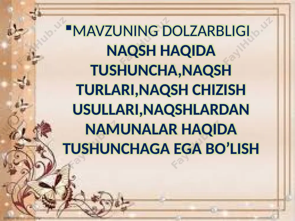 arini shakllantirish) aniqlash. o'quv materialining mazmunini belgilashda o'quvchilarning yosh xususiyatlarini hisobga olib, dars materialining hajmi va murakkabligini belgilash. o'quv materialining mazmunini tevarak-atrof bilan bog'lash, o'tilgan materiallarni amaliy mashg'ulotlar bilan bog'lash; o'quvchilarni mustaqil ijodiy ishlarining tizimini aniqlash, darsning jihozi hamda asosiy adabiyotlar manbalarini belgilash. darsning didaktik va tarbiyaviy vazifalarini aniqlash. amaliy ijodiy ishlarini kompozitsiya jihatdan murakkabligi o'quvchilarning yosh xususiyatlarini, fazilatlarini hisobga olgan holda mos bo'lishi kerak. o'quv materialining mazmuni va didaktik maqsadlariga mos keladigan ta'lim metodi va usullarini tanlash. didaktik vazifalar darsning o'zida bajarilishi. o'quv materialining mazmunini rejalashtirish vaqtida dastur doirasidan chiqmaslik. naqsh so’zi arabcha so’z bo’lib “gul, tasvir “ degan ma’noni bildiradi. har qanday naqsh kompozitsiyasi ham naqsh elementlaridan tashkil topadi bular ya’ni gullar, barglar, o’ramalar va hokazolar. www.aim.uz www.aim.uz naqshlar 3 turga bo’linadi. ular: 1.islimiy naqshlar 2.geometrik naqshlar 3.murakkab naqshlardir. doiraviy naqshlar simmetrik bo’lib hisoblanadi shuning uchun doiraviy naqshning kompozitsiyasiga qarab bo’laklarga bo’lib olamiz. www.aim.uz www.aim.uz www.aim.uz o'quvchilar bilan …