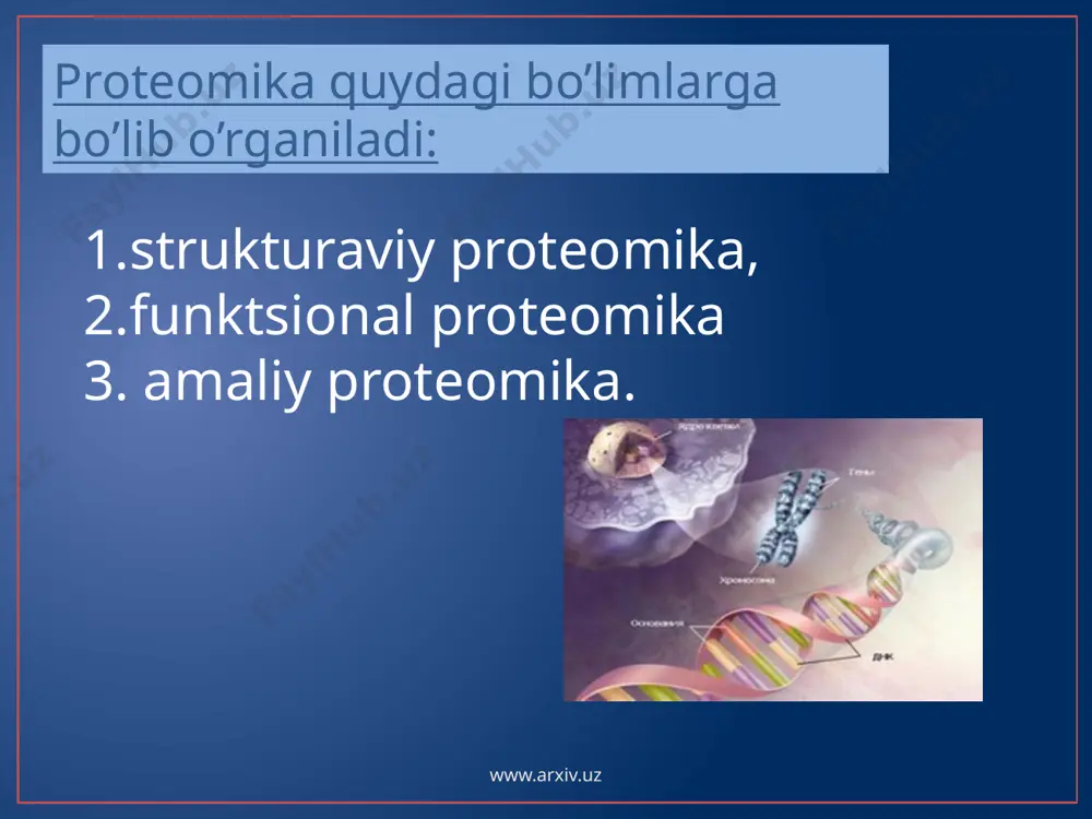 genomika, proteomika, va bioinformatika bilan birgalikda yangi dori vositalarini ishlab chiqishiga etibor qaratmoqda. bunda oqsil moddalari molekulyar nishon vazifasini bajaradi. dori vositalarining ta`siri uchun yangi nishonlarni topish bioinformatika usullari yordamida xal etildi, bunda genom taxlil obyekti bo’lib sanaladi. ammo genom taxlilidan keyin mazkur oqsil intensiv eksperssiyalanishi va xujayrada ish qobilyatini saqlashi xaqida isbotlarga ega bo’lishi kerak edi va bunda proteomika orqali muammo xal etildi. ushbu dasturlar orqali insonlarning sog’lig`ini yaxshilandi va kasalliklarni oldini olishda dori preparatlarini topildi shulardan misol qantli diabet da insulining axamiyatini aniqlanishi shu bilan birga insonning qon tarkibidagi fizik xususiyatlar otalik-onalik qarindoshlikni aniqlashda irsiy kasalliklarga erta tashhis qo’yishda shajarani va turlar bilan munosabatlarni o’rganishda qarilikdagi kasalliklarni oldindan aytishda farmokogenetika gen terapiyasi rivojida uzoq umr ko’rish omollarini aniqlashda ayniqsa muhimdir . www.arxiv.uz foydalanilgan adabiyotlar 1. bioinformatikaga muqadimma o’quv-uslubiy qo’llanma komilova.n.p radjabova g.g’ saydullaeva i.u 2. www.nuvion.com 3. secretmag.ru www.arxiv.uz image1.png image2.jpeg image3.jpeg image4.png image5.png image6.jpeg image7.png image8.jpeg