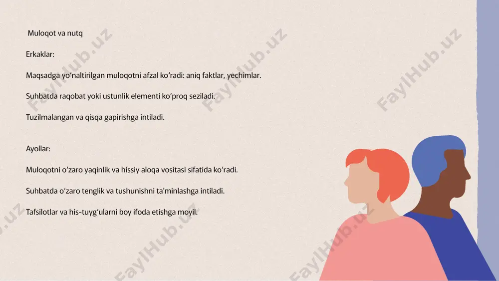 gacha yoshdayoq namoyon bo'la boshlaydi. istisno – bu "verbal tajovuz" deb ataladigan holat, bunda qizlardagi ko'rsatkichlar o'g'il bolalarga qaraganda biroz yuqori bo'ladi. bu, xususan, voyaga yetganda ayollarning o'qitish va o'rgatish, ma'ruzalar o'qish va hokazolarga bo'lgan ulkan ehtiyojida ko'rinadi. l. tayler omilli tahlildan foydalangan holda o'tkazilgan tadqiqotlarning ayrim natijalarini keltirgan, ularda erkaklar va ayollardagi ba'zi xususiyatlarga bog'liqlik turlicha ekani ko'rinadi. masalan, maydonga qaramlik va mashhurlik o'rtasidagi bog'liqlik qizlarda ijobiy, o'g'il bolalarda salbiydir. ijtimoiy moslashuv esa o'g'il bolalarda emotsional nazoratga intilish, qizlarda impulsivlik bilan bog'liq. i.s. konning fikricha, erkaklarning hayot tarzi, oriyentatsiyasi, xulq-atvori, qiziqishlari asosan predmet-instrumental, ayollarning xususiyatlari esa emotsional va ijtimoiy yo'nalgandir. bu muhim holat jinsiy farqlarni o'rganishdagi ko'plab alohida natijalarni birlashtiradi, ularning ba'zilari juda erta namoyon bo'ladi. golbert va levis 1,1 yoshli qizlar, o'g'il bolalar va ularning onalari o'rtasida to'siq o'rnatib, bolalarning xatti-harakatlarini kuzatishgan. o'g'il bolalar to'siqni chetlab o'tishga harakat qilishgan (ya'ni, to'siq bilan "o'zaro ta'sirda bo'lishgan"), qizlar esa to'siq …