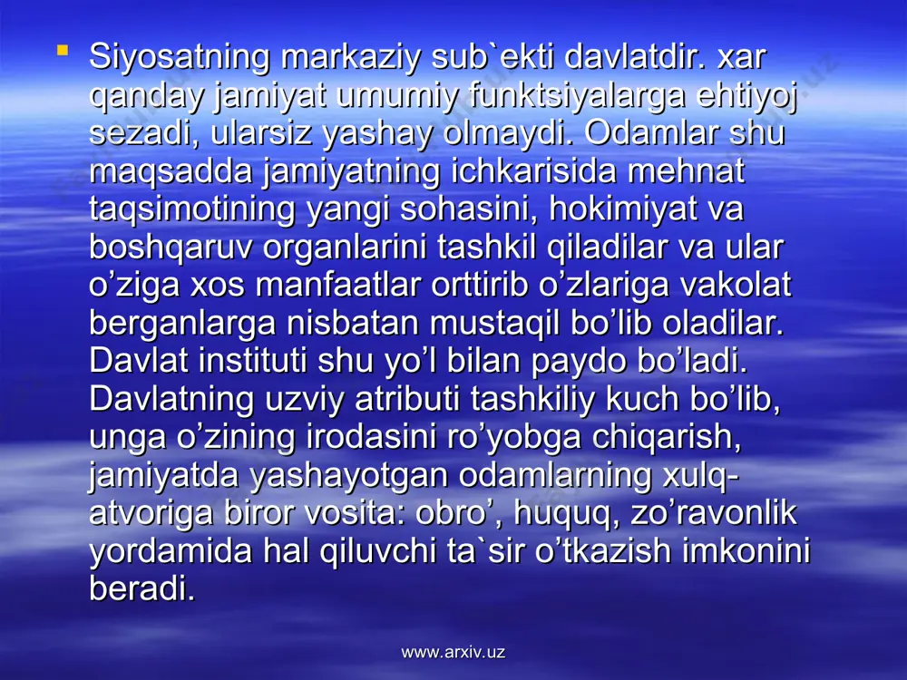 ondirishni; aholi salomatligini mustahkamlashning moddiy bazasini kengaytirish, uning ma`lumot va madaniy darajasi o’sishini nazarda tutadi. www.arxiv.uz www.arxiv.uz davlat siyosatida jamiyatdagi iqtisodiy, siyosiy, huquqiy hodisa va faktlarning, shaxs va jamiyat o’zaro munosabatlarining, shuningdek, shaxslararo munosabatlarning bahosi hisoblanadigan va shaxsning, guruhning jamiyatdagi roli va ijtimoiy mavqei orasidagi, faoliyat va uning mukofoti, mehnat va haq, jinoyat va jazo, odamlarning xizmati va ularning ijtimoiy e`tirof etilishi o’rtasidagi mutanosiblikni ifodalaydigan ijtimoiy adolatni ta`minlash muhim o’rin tutadi. ular o’rtasidagi har qanday nomutanosiblik adolatsizlik sifatida baholanadi. www.arxiv.uz www.arxiv.uz ijtimoiy siyosat jamiyatning joriy va istiqboldagi manfaatlari, turli qatlamlar, ijtimoiy institutlar manfaatlari o’rtasidagi ziddiyatlarni hal qilish, jamiyatning ijtimoiy taraqqiyot uchun zaruriy “to’laydigan haqi”ni pasaytirish va korrektsiya qilishga yo’naltirilgan. shu munosabat bilan ijtimoiy siyosat farovonlikni rivojlantirish, aholi turli qatlamlarini qo’llab-quvvatlash miqyoslaridagi ustuvorliklarni belgilashga bevosita aloqador. odatda, ijtimoiy siyosat ijtimoiy ishning turli shakllari, davlatning bir martalik yirik qarorlari va tadbirlari, shuningdek, ijtimoiy (maxsus va kompleks) dasturlari orqali amalga oshiriladi. www.arxiv.uz www.arxiv.uz …