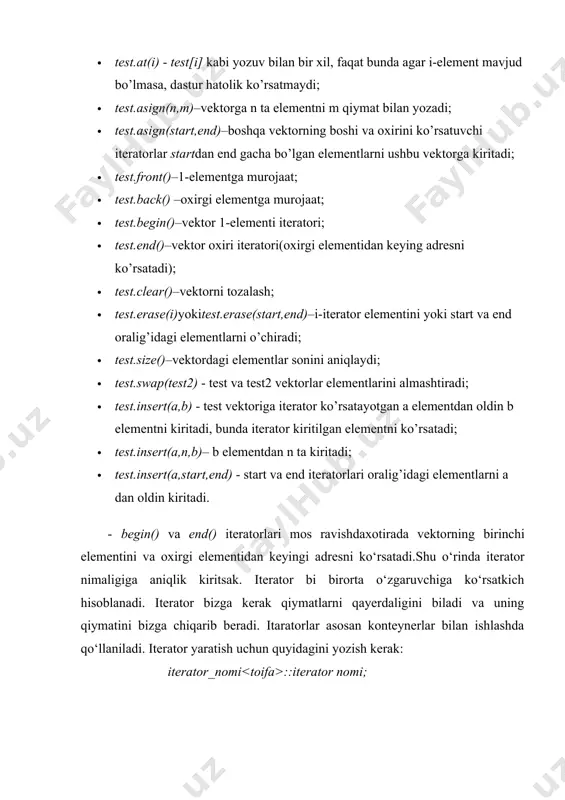 b elementni kiritadi, bunda iterator kiritilgan elementni ko’rsatadi; · test.insert(a,n,b)– b elementdan n ta kiritadi; · test.insert(a,start,end) - start va end iteratorlari oralig’idagi elementlarni a dan oldin kiritadi. · begin() va end() iteratorlari mos ravishdaxotirada vektorning birinchi elementini va oxirgi elementidan keyingi adresni ko‘rsatadi.shu o‘rinda iterator nimaligiga aniqlik kiritsak. iterator bi birorta o‘zgaruvchiga ko‘rsatkich hisoblanadi. iterator bizga kerak qiymatlarni qayerdaligini biladi va uning qiymatini bizga chiqarib beradi. itaratorlar asosan konteynerlar bilan ishlashda qo‘llaniladi. iterator yaratish uchun quyidagini yozish kerak: iterator_nomi ::iterator nomi; topshiriqlar. 1. berilgan sonlar ketma-ketligidagi maksimal va minimal elementlarning o‘rnini almashtiring. dastur kodi: #include #include using namespace std; int main() { int n; cout > n; vector arr(n); cout > arr[i]; } int minindex = 0, maxindex = 0; for (int i = 1; i arr[maxindex]) { maxindex = i; } } swap(arr[minindex], arr[maxindex]); cout << "o'zgartirilgan ketma-ketlik: "; for (int i = 0; i < n; ++i) …