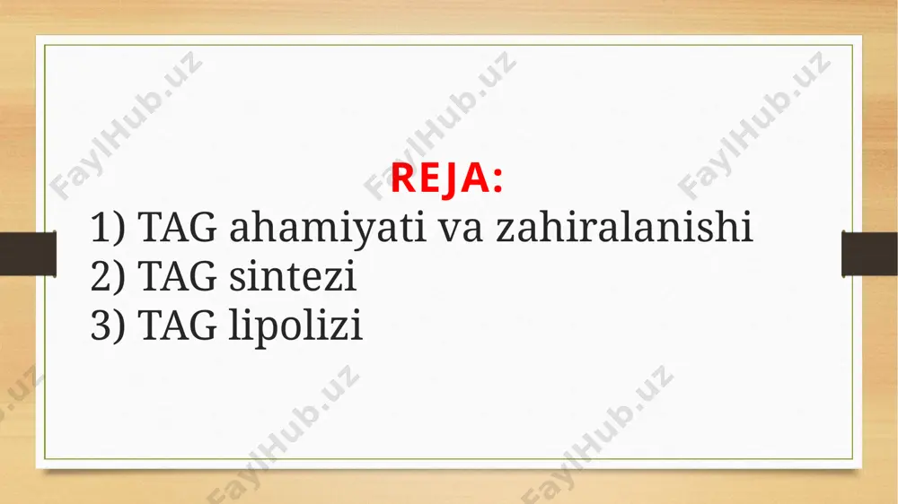 fosfat glikoliz mahsuloti bo’lgan digidroatseton fosfatdan olinadi. ferment : glitserol 3- fosfat degidrogenaza glukoza digidro atseton fosfat glitserol 3- fosfat nadh nad+ glikoloz glitserol 3-fosfat degidrogenaza birikishi : ferment : atsiltransferaza 3 t a atsil qism glitserolga biriktiriladi. ichak shilliq qavatida monoatsilglitserol mo-noatsilglitseroltransferaza ta’sirida 1,2 – diatsilglitserolga o’tadi. tag lipolizi : tag yog’ kislota glitserol * yog’ to’qimasida boradi : hosil bo’lgan erkin yog’ kislota plazmaga chiqib albuminga birikadi. albumin bilan bog’langan holda, jigar, yurak, buyrak, muskul, o’pka, urug’don, yog’ to’qimasiga borib oksidlanadi yoki qayta tag sinteziga beriladi hosil bo’lgan glitserol esa glitserol kinaza ta’sirida sarflanadi. jigar buyrak ichak qo’ng’ir laktatsiya davridagi sut bezlarida oq yog’ to’qimalasida glitserol kinaza mavjud emas. glitserol glitserol-3 fosfat digidroksiaseton fosfat 1-atsilglitserol 3-fosfat lizofosfatidat atp adp nad+ nadh+h+ glitserol kinaza glitserol-3 fosfat degidrogenaza atsil coa coa glitserol -3 fosfat degidrogenaza 1,2 diatsilglitserol fosfat (fosfatidat) atsil coa coa atsetiltransferaza 1,2 diatsetilglitserol h2o p fosfatidat fasfogidralaza triastsil …