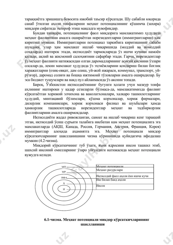р пенсионерлар. ушбу аҳоли қатламларига етарли миқдордаги иш ҳақи ва қулай меҳнат шароитлари билан таъминланган иш жойларини таклиф этиш ёки касаначилик, уйда ўтирган ҳолда пуллик ишлар ва хизматларни бажариш, маиший хизмат кўрсатиш (кичик шоҳобчаларда) каби фаолиятларга жалб қилиш йўли билан уларни жамиятнинг фаол ва тўлақонли аъзосига айлантириш мумкин. уларнинг ушбу фаолиятлари эса мамлакатда ялпи миллий маҳсулот яратиш, ижтимоий инфратузилмани ривожлантириш, моддий ресурс ва захиралар, ишлаб чиқариш қувватларидан фойдаланиш самарадорлигини ошириш ҳамда иқтисодий тараққиётга эришишга бевосита ижобий таъсир кўрсатади. шу сабабли юқорида санаб ўтилган аҳоли тоифаларини меҳнат потенциалининг қўшимча (захира) миқдори сифатида эътироф этиш мақсадга мувофиқдир. бундан ташқари, потенциалнинг фаол миқдорига мамлакатимиз ҳудудида меҳнат фаолиятини амалга ошираётган норезидентларни (иммигрантларни) ҳам киритиш мумкин. иммигрантларни потенциал таркибига киритишнинг сабаби шундаки, улар ҳам мамлакат ишлаб чиқаришида (моддий ва номоддий соҳаларда) иштирок этади, иқтисодиёт тармоқларида ўз ишчи кучини намоён қилади, ақлий ва жисмоний салоҳиятини сафарбар этади. гарчи, норезидентлар ўз меҳнат фаолияти натижасидан олган даромадларининг асосий …