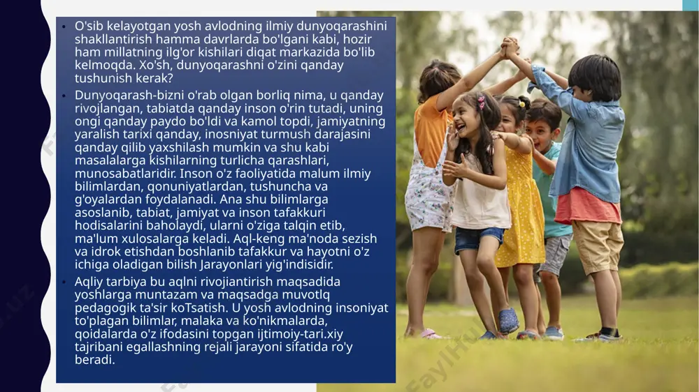 etik rivojlanishiga poydevor bo'ladi.dunyo, inson, aql-zakovat, ma'naviyat-bular bir-biri bilan chambarchas bog'liqdir. dunyo bunyod bo'libdiki, inson dunyo yuzini ko'ribdiki, o'zini inson sifatida anglabdiki, u o'zini borliqning eng mukammal mavjudoti sifatida aql- zakovati bilan tanib keladi. inson ongi, tafakkuri va ma'naviyati tufayli shunday ustunlikka egadir. inson dunyoga ma'lum bir maqsad bilan kelmaydi. u o'zligini idrok etgandan so'ng hayotda yashashdan ma'no izlaydi va shu narsa uning hayoti mazmunini tashkil etadi. insonlar bor, dunyoga keladilaru ketadilar, ulardan nom- nishon qolmaydi, hayotning ma'nosiga, qadriga yetmaydilar. insonlar bor mana shu kelishi bilan ketishi o'rtasidagi "umr" deb atalmish vaqtga chaqmoqday chaqnab, o'zlarining yorqin izini qoldiradilar. bu iz o'chmasdir. mana shunday aql-zakovati bilan o'zidan keyin yaxshi ot qoldiruvchilar ma'naviy yuksak insonlardir. ma'naviy komil insongina shunday yuksaklikka, avlod-ajdodlar qalbida zamonlar osha, asrlar osha yashashday sharafga sazovordir. demak, inson o'z hayoti va faoliyatini mazmunli o'tkazish uchun avvalo o'zini o'rab turgan borliqni bilishi, yuksak aql va tajriba egasi bo'lishi lozim. chunki …