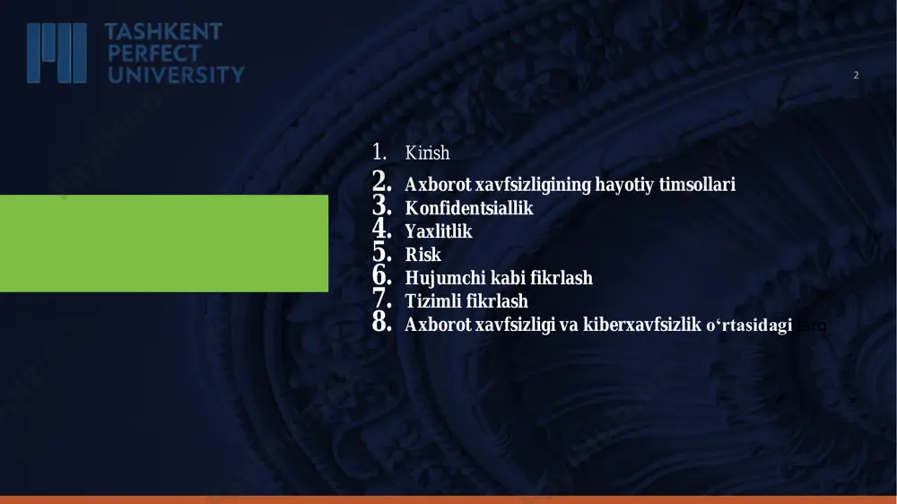 irish, tahlillash va testlashni o‘z ichiga oladi. kiberxavfsizlik ta’limning mujassamlashgan bilim sohasi bo‘lib, qonuniy jihatlarni, siyosatni, inson omilini, etika va risklarni boshqarishni o‘z ichiga oladi. 7kiberxavfsizlik ta’riflari tarmoqlar sohasida faoliyat yuritayotgan cisco tashkiloti esa kiberxavfsizlikka quyidagicha ta’rif bergan kiberxavfsizlik – tizim, tarmoq va dasturlarni raqamli hujumlardan himoyalash amaliyoti. ushbu kiberxujumlar odatda maxfiy axborotni boshqarish, almashtirish yoki yo‘q qilishni; foydalanuvchilardan pul undirishni; normal ish faoliyatini buzishni maqsad qiladi. hozirgi kunda samarali kiberxavfsizlik choralarini amalga oshirish insonlarga qaraganda qurilmalar soni va turlarining kattaligi va buzg‘unchilar salohiyatini ortishi natijasida amaliy tomondan murakkablashib bormoqda 8 kiberxavfsizlik fani sohasining tuzilishini quyidagicha tasvirlash mumkin 9 kiberxavfsizlikni fundamental atamalari 1. konfidensiallik – axborot yoki uni eltuvchining shunday holati bo‘lib, undan ruxsatsiz tanishishning yoki nusxalashning oldi olingan bo‘ladi. konfidensiallik axborotni ruxsatsiz “o‘qish”dan himoyalash bilan shug‘ullanadi. aob ssenariysida bob uchun konfidensiallik juda muhim. ya’ni, bob o‘z balansida qancha pul borligini tridi bilishini istamaydi. shu sababli bob uchun balans xususidagi …