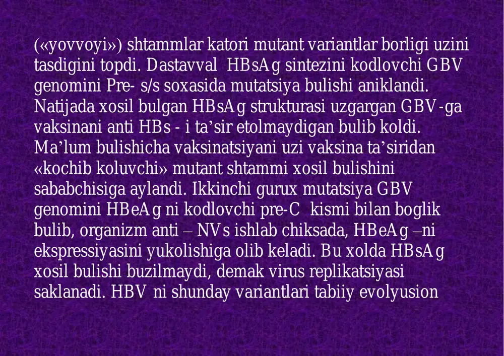 nteral yul bilan buladi. vgbni tabiiy (onasidan bolaga – vertikal va perinatal; kasallik yuktirgan inson bilan jinsiy alokada – jinsiy; infitsirlangan inson bilan boshka mulokotlar -- gorizontal;) va sun’iy (teri va shillik kavatlarni butunligi buzilganda) yukish yullari farklanadi. hbsag musbat onalardan tugilgan bolalarni 10%-i infitsirlangan xisoblanadilar. ularni 15% ga yakinida surunkali gepatit rivojlanadi. onada hbsag ni aniklanishi bolani perinatal kasallik yuktirishi imkonini 70-90% gacha oshiradi. perinatal infitsirlanganlarni kariyb 90% da pirovardida surunkali gepatit kelib chikadi. 95% perinatal yul tugish maxalida, 5% chakaloklar esa ona kornida kasallik yuktirishini aloxida ta’kidlamok kerak. gbni tarkalishida jinsiy mulokotlar axamiyati tan olingan. virusni yuktirish shillik kavatlarni vgb bilan infitsirlanganlarni urug suyukligi, vaginal sekret, menetrual koni bilan mulokoti natijasida buladi. utkir gb bemorlarini 18% i doimiy jinsiy partnerlar orkali buladi. ayniksa surunkali gb bemorlarini jinsiy partnerlari kuprok infitsirlanadilar. gorizontal yul bilan kasallik yukishi surunkali gb bemorlar bor oilalarda, uyushgan jamoalarda, kuprok bolalarda uchraydi va umumiy kiruvchi …