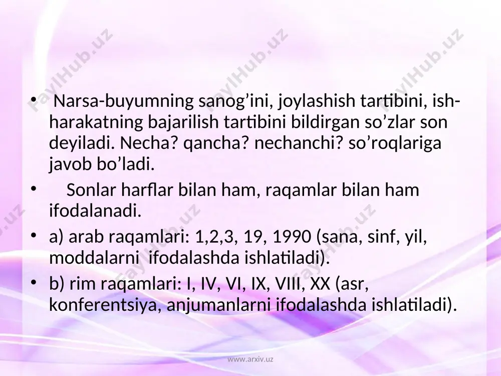 holva olib chiqdi: 4 kitob, 10 talaba. 1) otga bog’lanmaganda, son bog’langan sifatlarning ot tushib qolganda (otlashadi). turlanadi (2 xil tushunchani –miqdor, predmetni, tasavvurni aks ettiradi). (maqol, afforizm, hikmatli so’zlarda uchraydi). bilagi zo’r birni yiqar, bilimi zo’r mingni yiqar. (ikkoviga birov botolmas, otliqqa yayov yetolmas) 10 bir yonda, 100 bir yonda, botir yurar maydonda. www.arxiv.uz www.arxiv.uz otlashgan son fikrni stimistik jixatdan ixcham, obrazli ifodalash uchun xizmat qiladi. hamma turlari ham turlanmaydi, chamali son (-tacha, -lab) –lar, va kasr songa qo’shilmaydi. i shaxs birlik egalik sanoq son otlashgan formaga qo’shilmaydi: oltim, beshim. 2. son yasalish sistemasiga ega emas. 3. sonning turli modal formlarini hosil qilgan forma yasovchi qo’shimchalar bor, -ta, -tacha, -tadan, -ov kabi. sonning bu modal formalari predmetning to’dasini. taxminiy miqdorini, taqsimini, joylashish tartibini ko’rsatadi: beshtadan daftar, iii kurs, uchchala talaba. 4. hisob so’zlari bilan qo’llanadi. 2 juft tufli, 1 so’m (pul), 1990 yil. www.arxiv.uz www.arxiv.uz sintaktik xususiyatlari: 1. sifatlovchi …