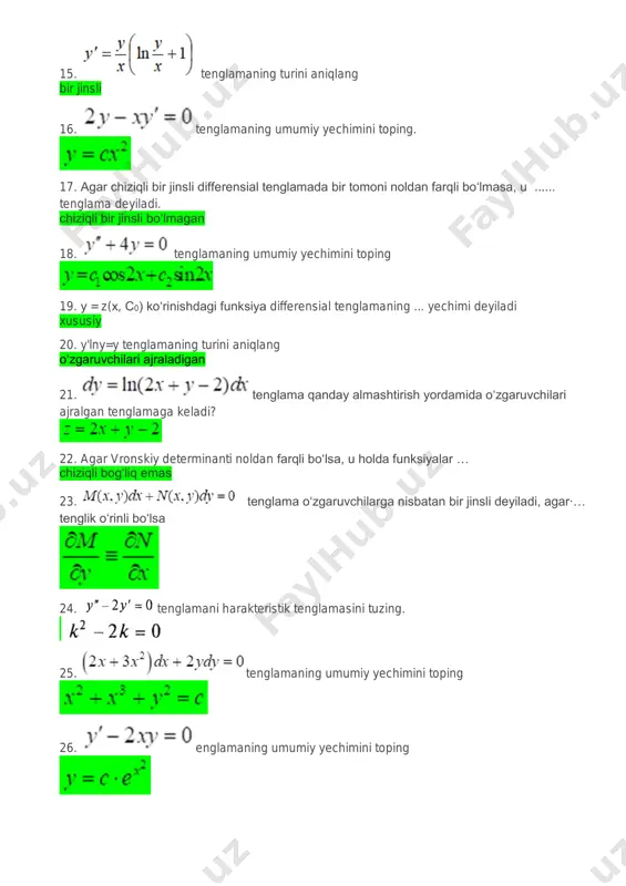 ashtirish bajariladi y=uv 31. tenglamani yeching 32. berilgan tenglamaning tipini aniqlang: o‘zgaruvchilari ajraladigan 33. ushbu chiziqlar sinfining differensial tenglamasini toping 34. y'=-y/x tenglamaning umumiy yechimini toping y=c/x 35. xy'=yln(y/x) tenglamaning turini aniqlang o‘zgaruvchilari ajraladigan 36. y''-4y'+5y=0 tenglamaning umumiy yechimini toping y=e2x(c1cosx+c2sinx) 37. differensial tenglamaning ... deb, tenglamani ayniyatga aylantiruvchi y = z(x,c) funksiyaga aytiladi umumiy yechimi 38. lagranj tenglamasini aniqlang 39. differensial tenglamalar sistemasiga mosini ko‘rsating. 40. tenglamni yeching. 41. to‘la differensial tenglama bo‘lish sharti … 42. differensial tenglama deb,............... aytiladi? erkli o‘zgaruvchi, noma'lum funksiya va uning hosilalari orasidagi bog‘lanishli tenglamaga aytiladi 43. y'-y/x=x+1 tenglamaning turini aniqlang chiziqli 44. differensial tenglama tarkibiga kiruvchi eng yuqori hosila tartibi differensial tenglamaning ... deyiladi tartibi 45. tenglamaning turini aniqlang o‘zgaruvchilari ajraladigan 46. y'cosx=(y+1)sinx tenglamaning turini aniqlang o‘zgaruvchilari ajraladigan 47. agar differensial tengama ikki va undan ortiq o‘zgaruvchili bo‘lsa, u holda u ... differensial tenglama deyiladi xususiy hosilali 48. (1+x2)dy+ydx=0 tenglamaning umumiy yechimini toping …