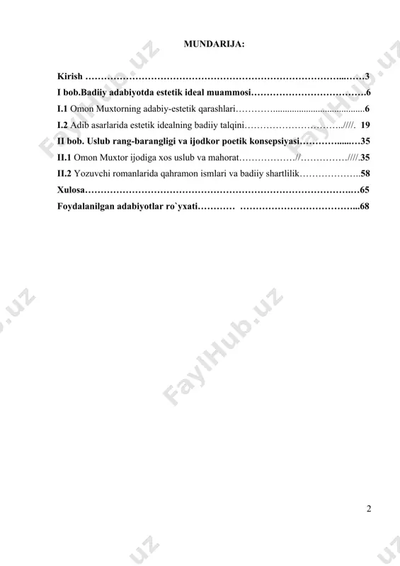 i shakllantirishga ta’sir etgan ijtimoiy davr, uslubiy yuksalishiga ta’sir ko`rsatgan badiiy-estetik omillar, yozuvchi bilan adabiy-estetik tamoyillari muayyan darajada yaqin bo‘lgan ayrim ijodkorlar uslubi bilan mushtarak jihatlar ham kuzatiladi. poetikaning muhim kategoriyalaridan biri badiiy asarning u yoki bu tarzdagi shakliy qurilishini belgilovchi umumiy prinsiplardan bo`lgan estetik ideal va uslubni o`rganish keng ma’noda olib qaralganda alohida ijodkor shaxsini o`rganishdir. ayniqsa, o.muxtorning ijodini tahlili qilishda va uning estetik idealini o`ziga xos uslubda o`rganish hamda tadqiq etish bitiruv malakaviy ishining o`ziga xos dolzarbligini belgilab ko`rsatadi. bitiruv malakaviy ishining maqsad va vazifalari: omon muxtorning adabiy-estetik qarashlarida namoyon bo`luvchi ijodiy individuallikni, badiiy asarlar yaratish barobarida badiiy voqelikni his qilish tamoyillarini o`rganish; · adib romanlarida estetik idealning badiiy talqinini shakllantirishda ta’sir etgan ijtimoiy davr, uslubiy yuksalishiga ta’sir ko`rsatgan badiiy-estetik omillarni o`rganish; · omon muxtor ijodining o`ziga xosligi, ayniqsa, romanlaridagi jumla tuzish, rivoya tarzi, tasvir mahorati, sujet qurilishi kabi individual xususiyatlarini tahlil qilish; · uslubda namoyon bo‘luvchi ijodiy …